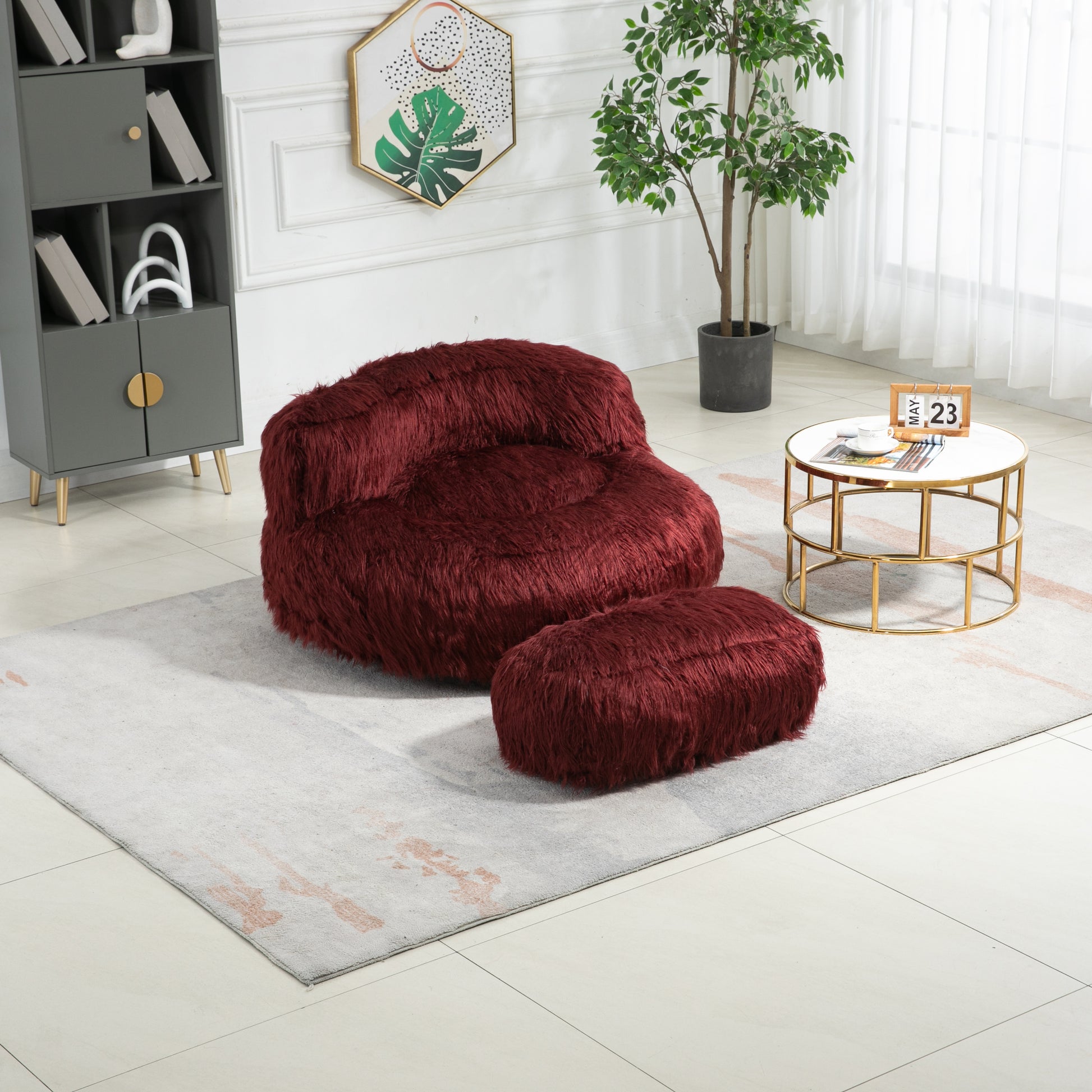 COOLMORE Bean Bag Chair Faux fur Lazy Sofa Footstool wine red-plush