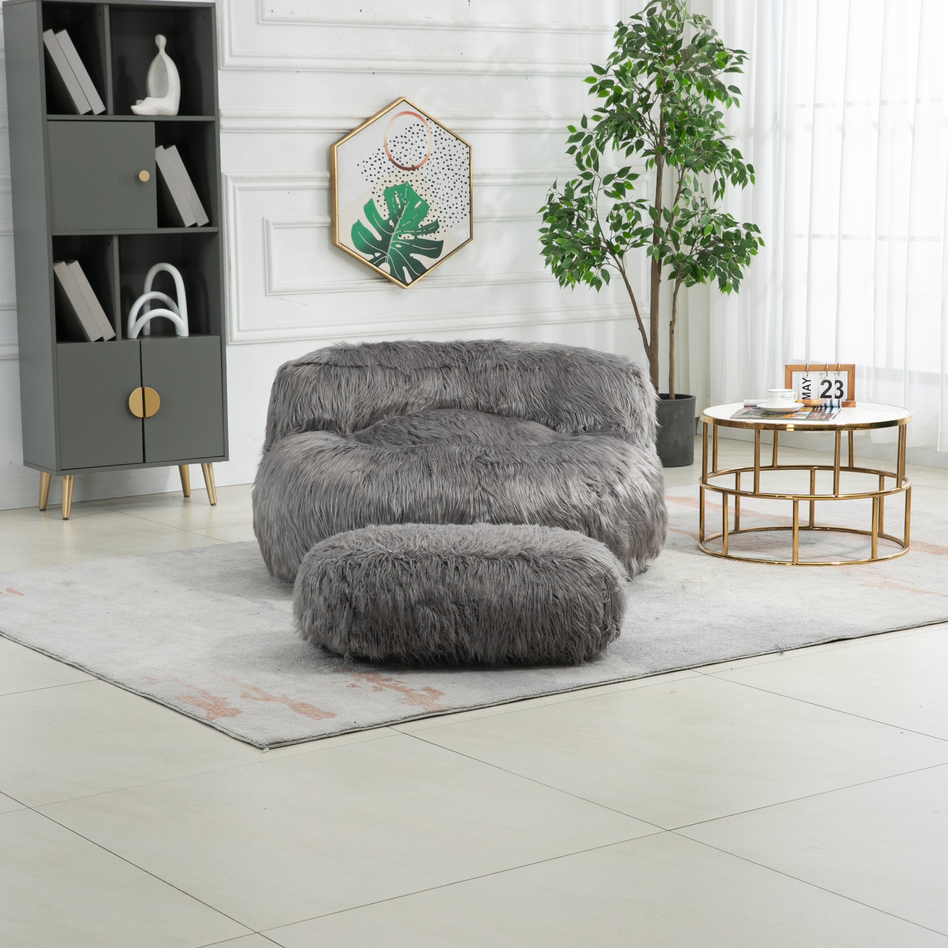 COOLMORE Bean Bag Chair Faux fur Lazy Sofa Footstool gray-plush