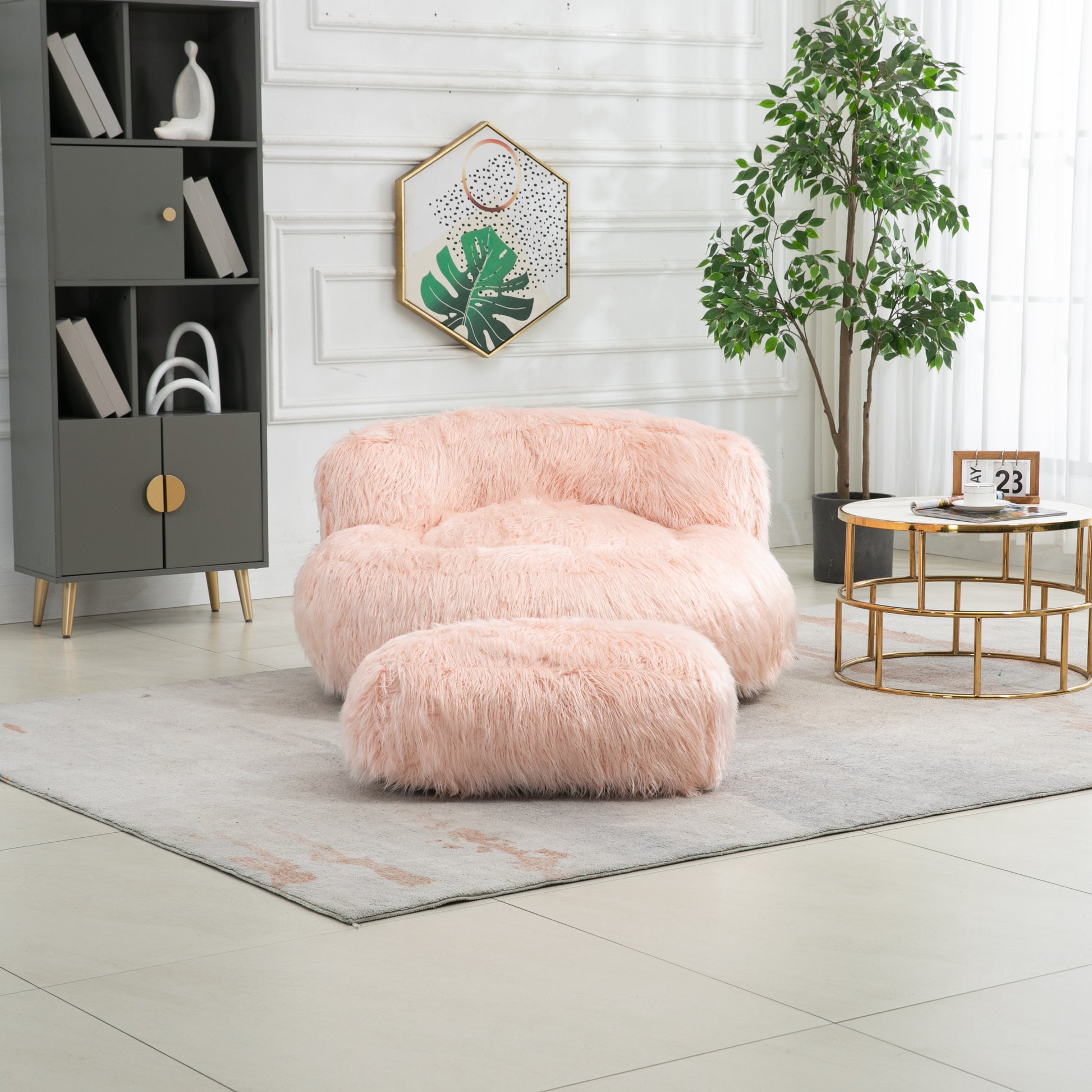 COOLMORE Bean Bag Chair Faux fur Lazy Sofa Footstool pink-plush