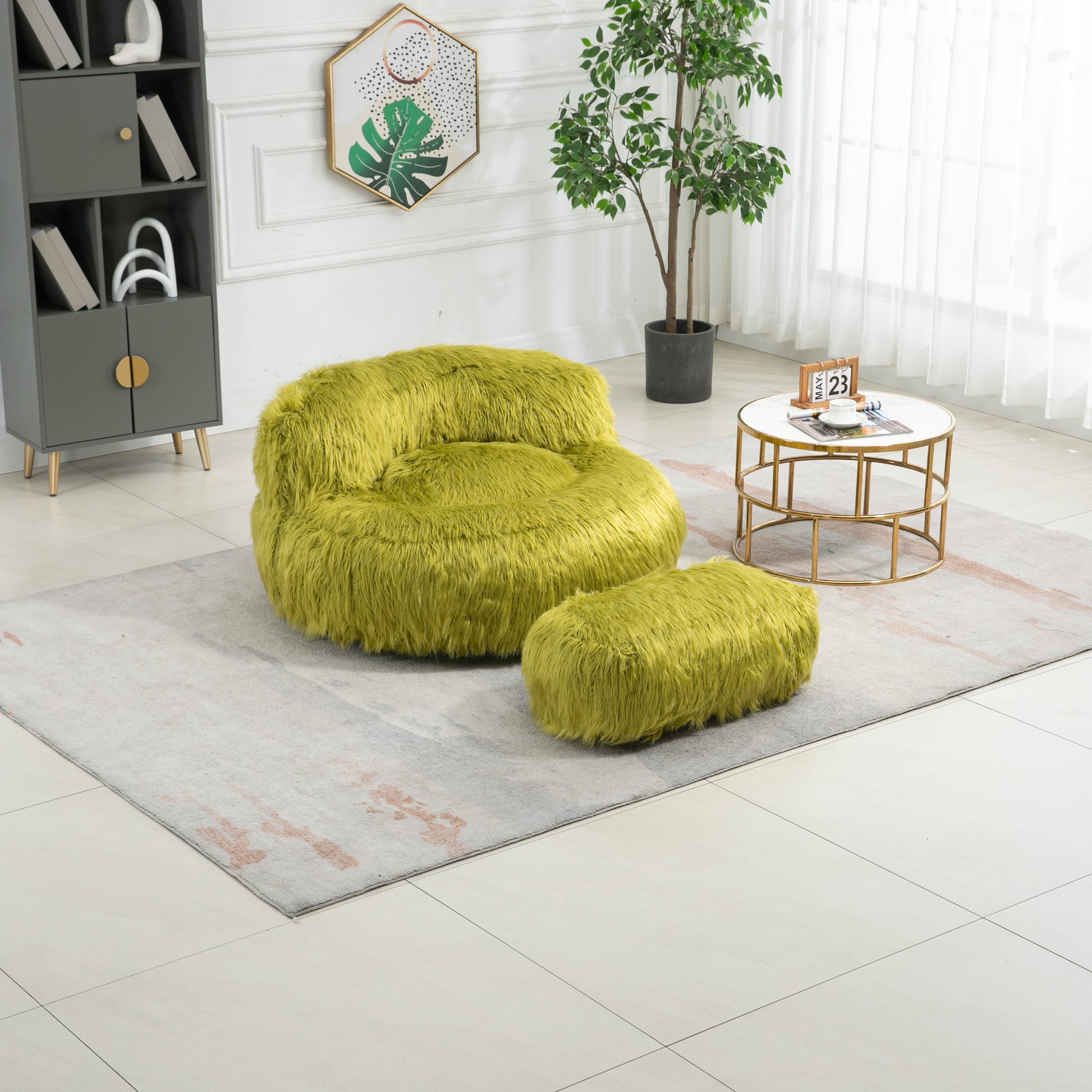 COOLMORE Bean Bag Chair Faux fur Lazy Sofa Footstool olive-plush