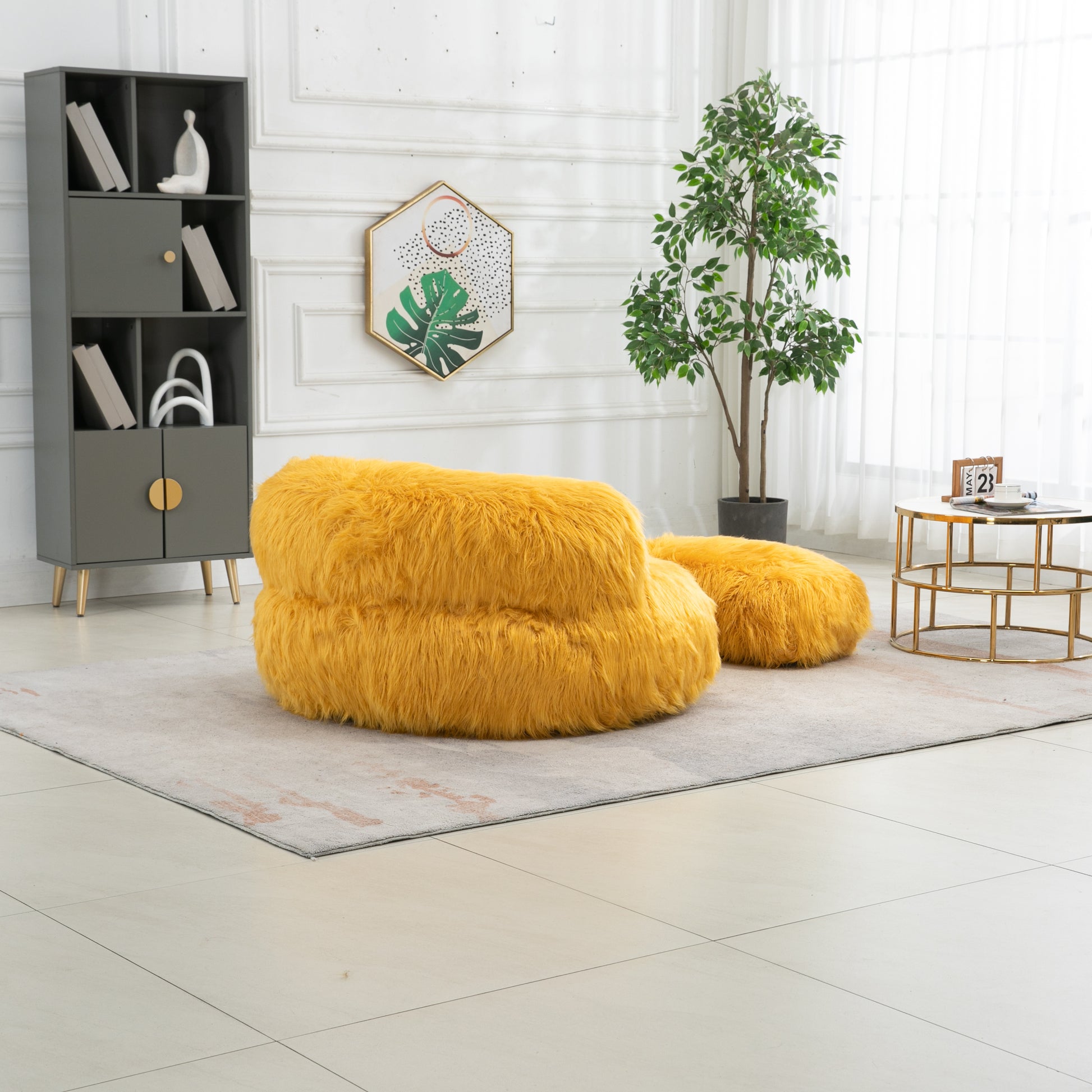 COOLMORE Bean Bag Chair Faux fur Lazy Sofa Footstool yellow-plush