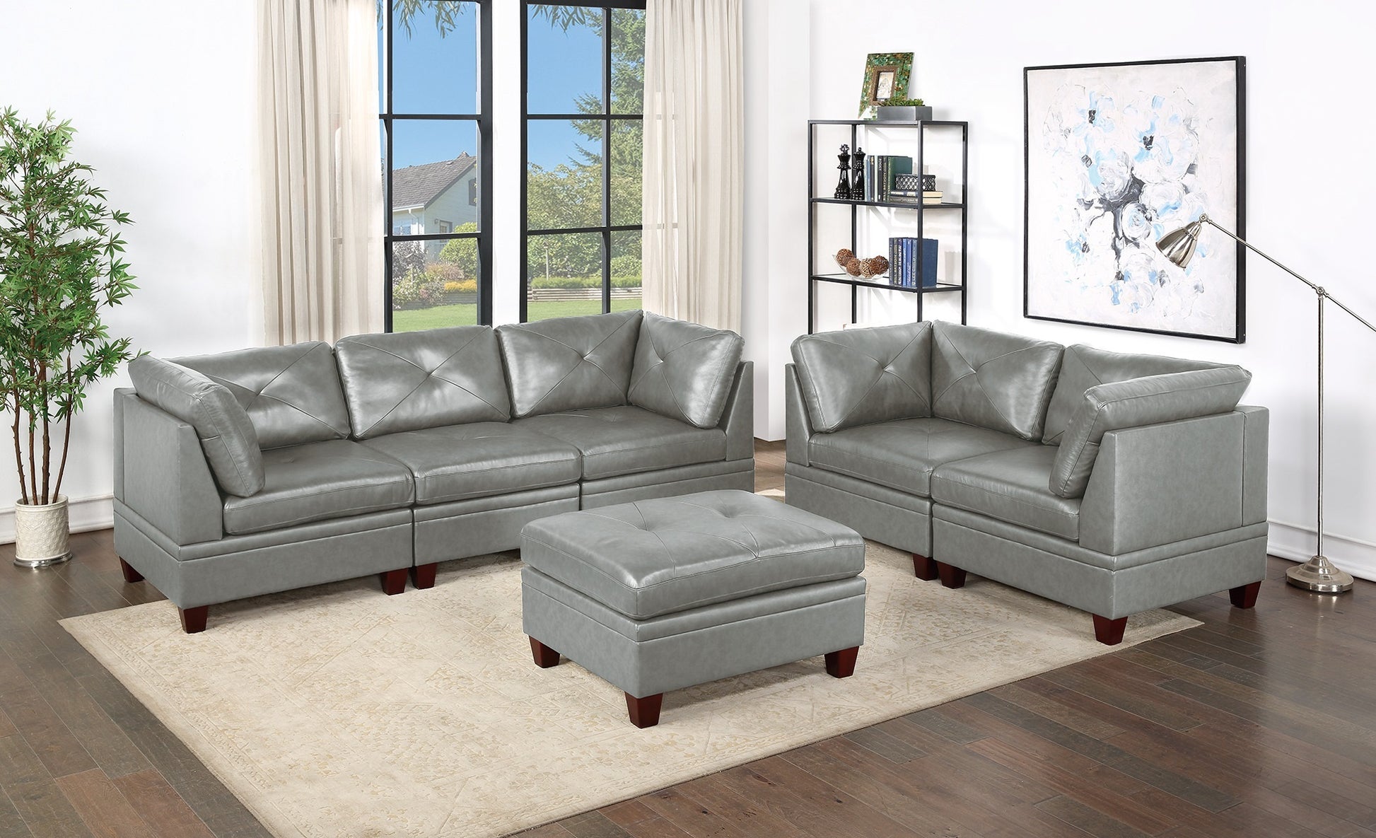 Genuine Leather Grey Color Tufted 6pc Modular Sofa Set grey-genuine leather-wood-primary living