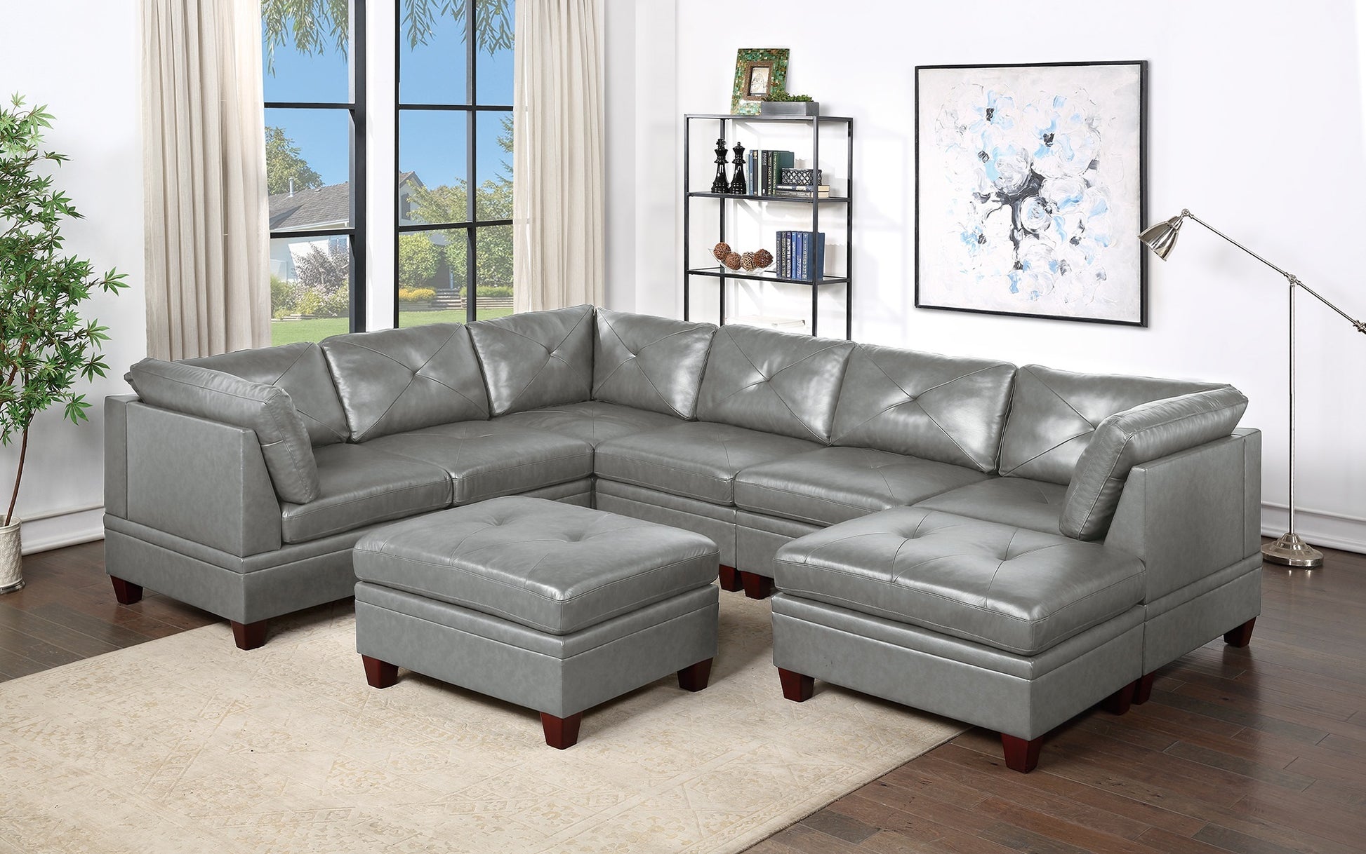 Genuine Leather Grey Color Tufted 8pc Sectional Set 3x grey-genuine leather-wood-primary living