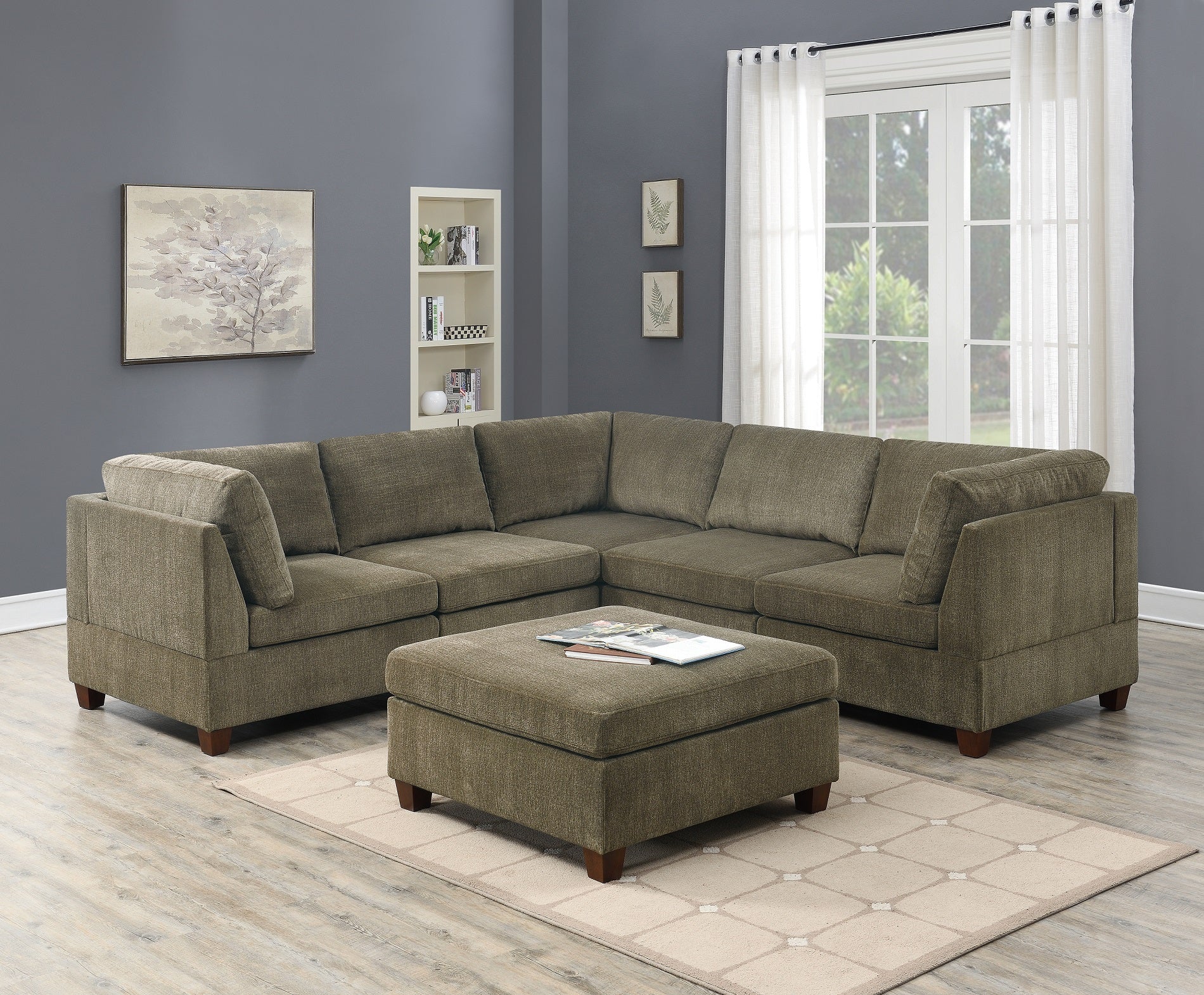 Living Room Furniture Tan Chenille Modular Sectional tan-chenille-wood-primary living space-cushion