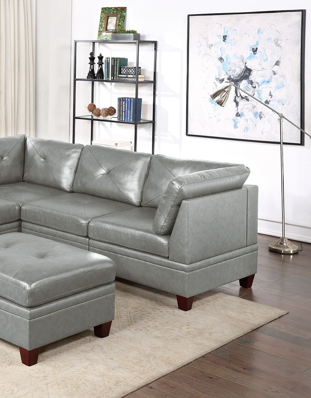 Genuine Leather Grey Color Tufted 6pc Modular grey-genuine leather-wood-primary living