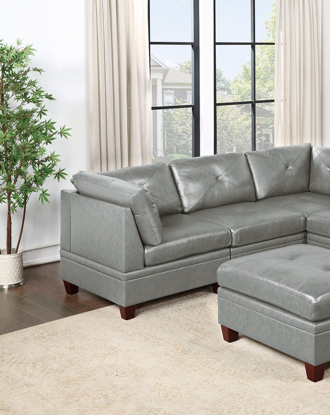 Genuine Leather Grey Color Tufted 6pc Modular grey-genuine leather-wood-primary living