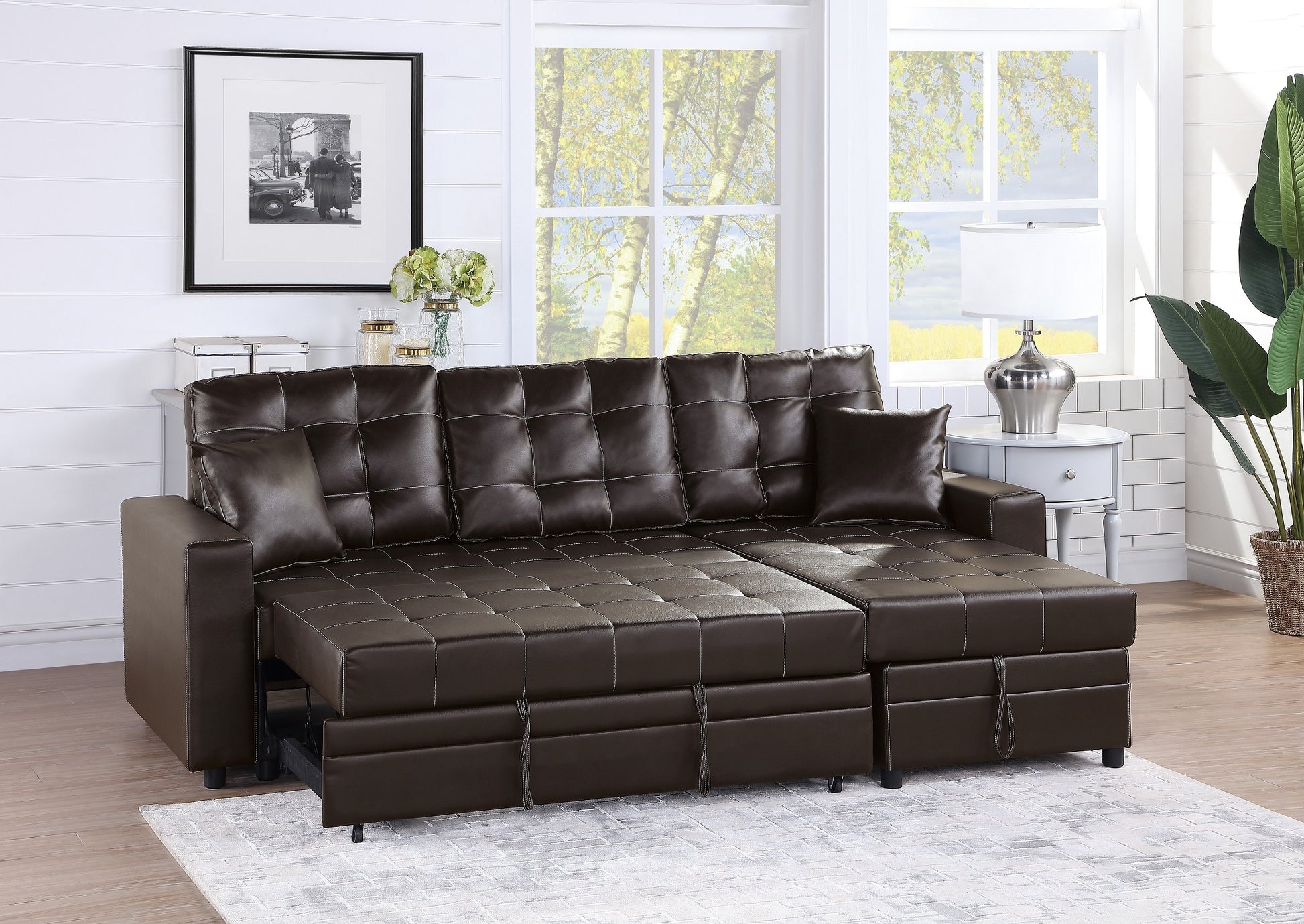 Espresso Convertible Sectional Pull Out Bed Sofa espresso-wood-primary living space-tufted