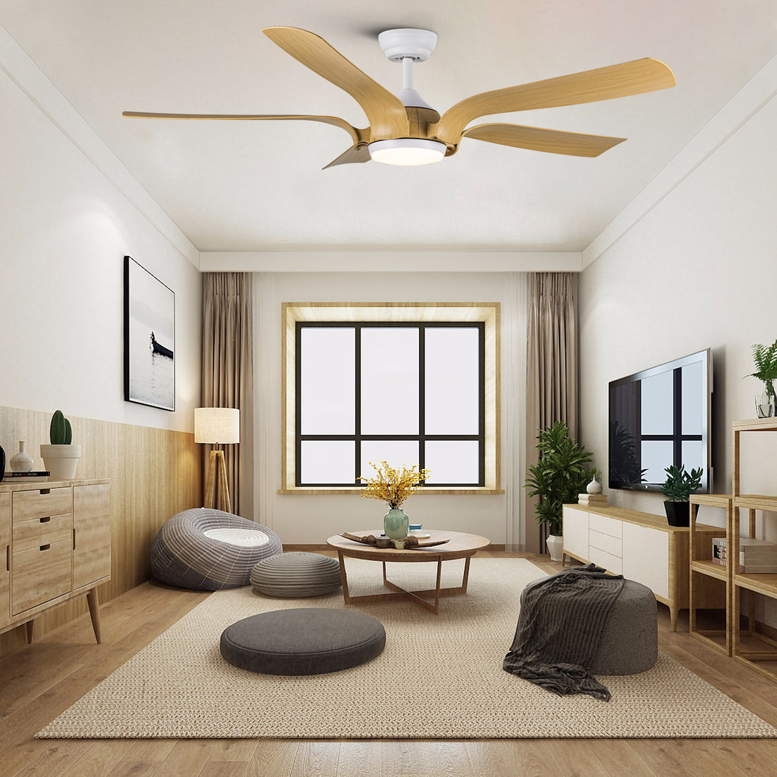 Smart 56" Integrated LED Ceiling Fan with Antique Wood antique yellow+gray-abs