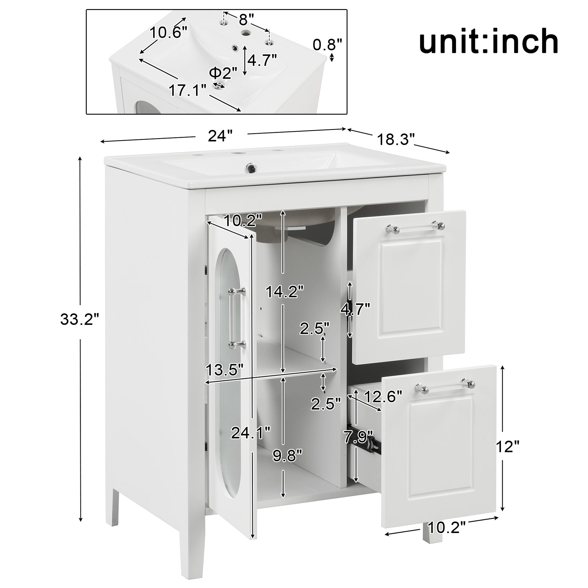 24" Bathroom Vanity with Sink, Bathroom Vanity Cabinet white-solid wood+mdf