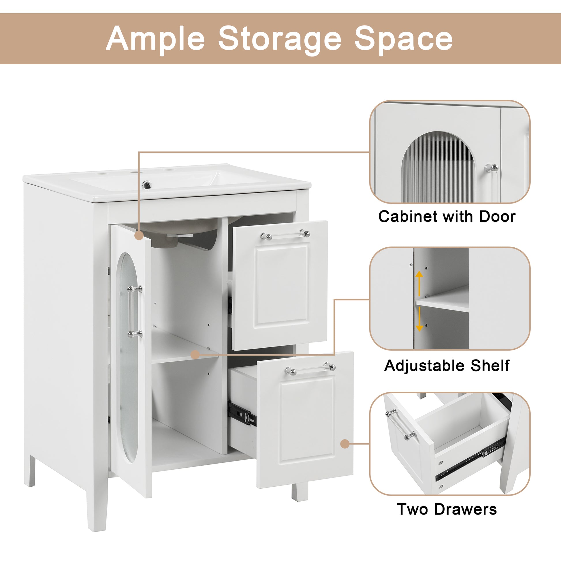 24" Bathroom Vanity with Sink, Bathroom Vanity Cabinet white-solid wood+mdf