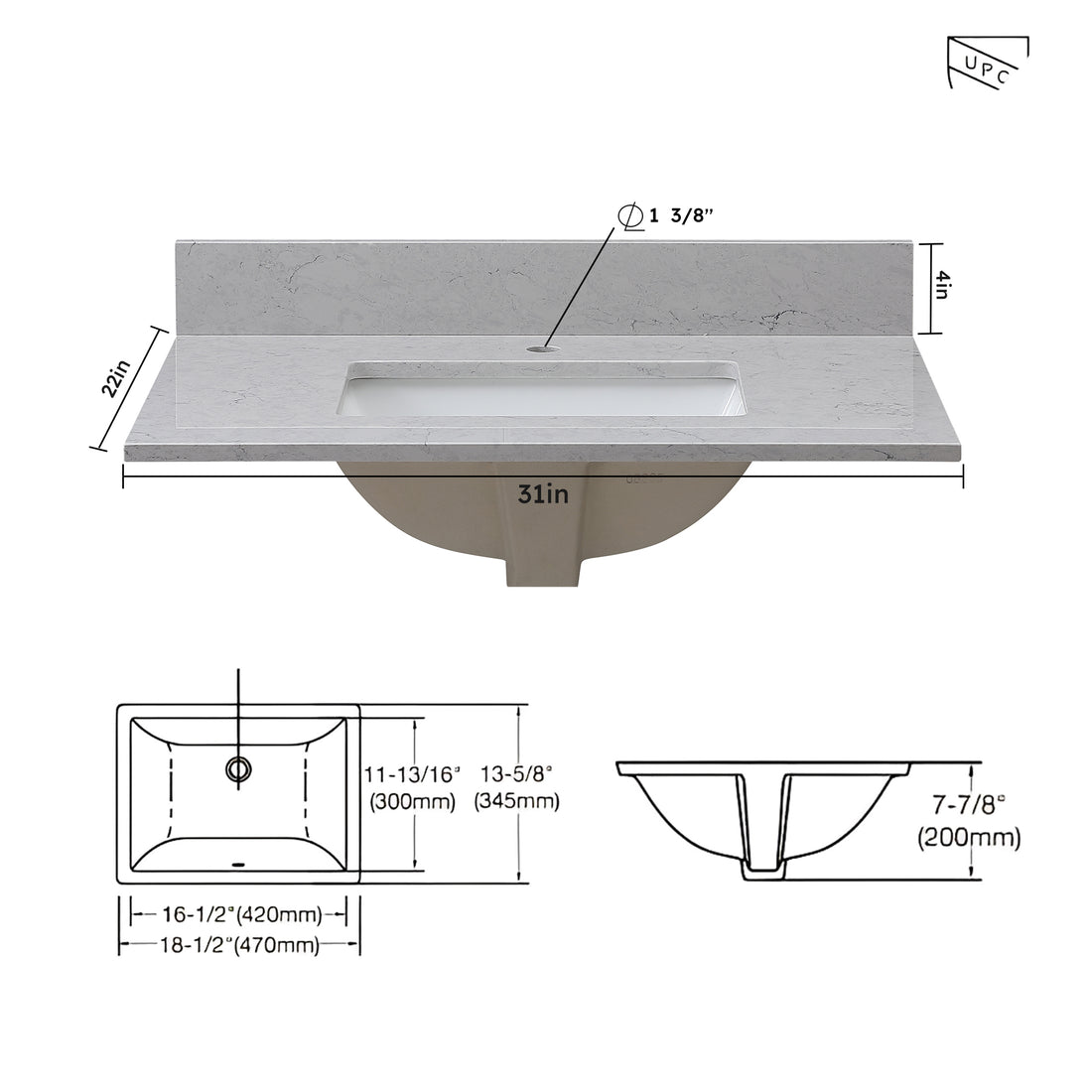 Montary 31 inches bathroom stone vanity top calacatta gray-stone