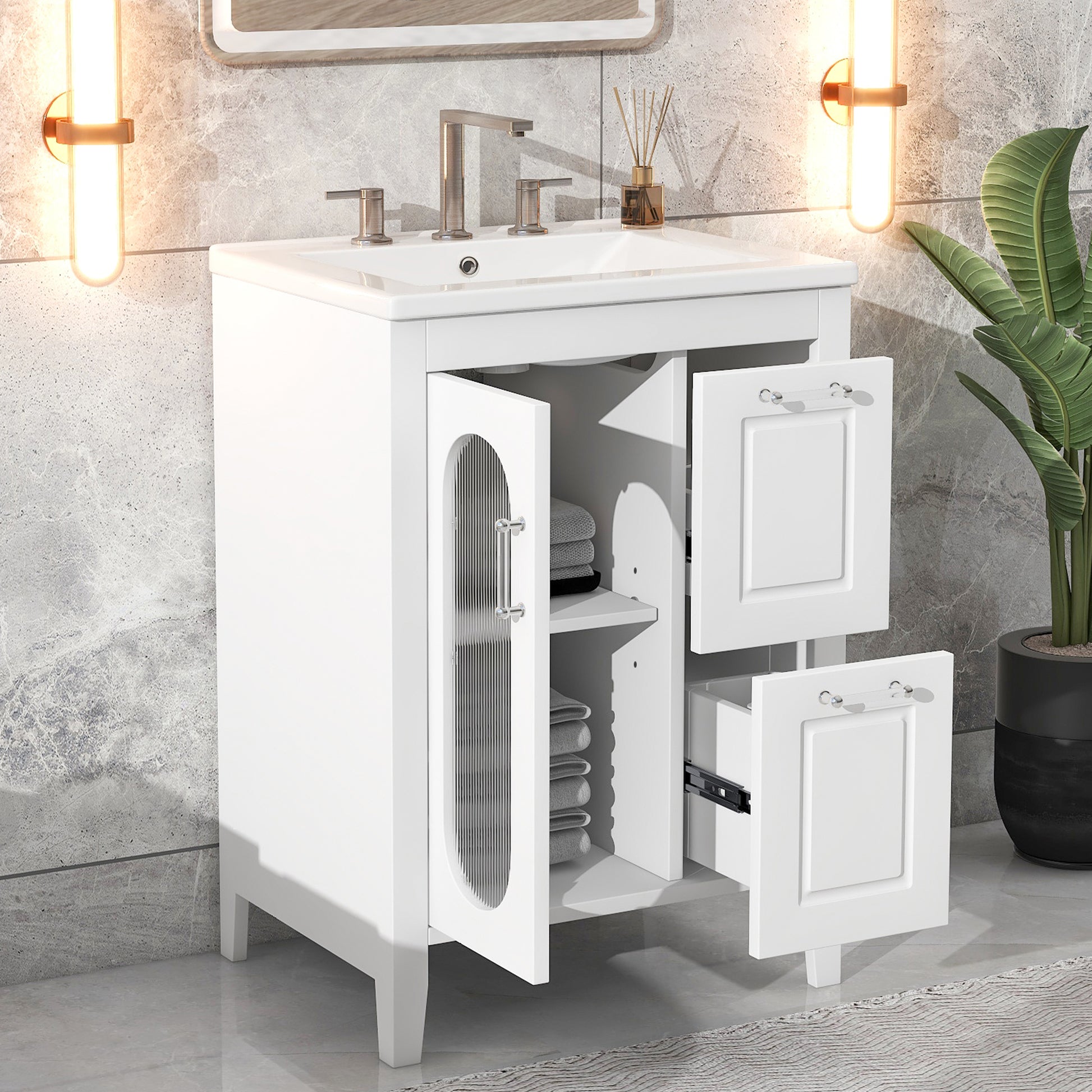 24" Bathroom Vanity with Sink, Bathroom Vanity Cabinet white-solid wood+mdf