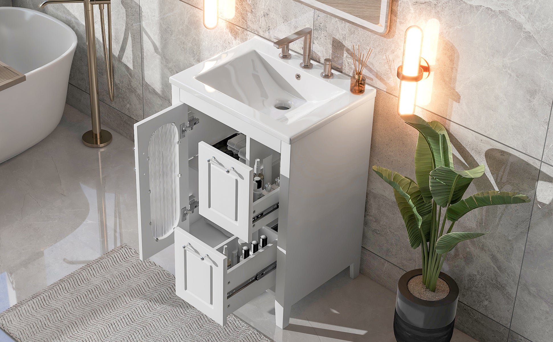 24" Bathroom Vanity with Sink, Bathroom Vanity Cabinet white-solid wood+mdf