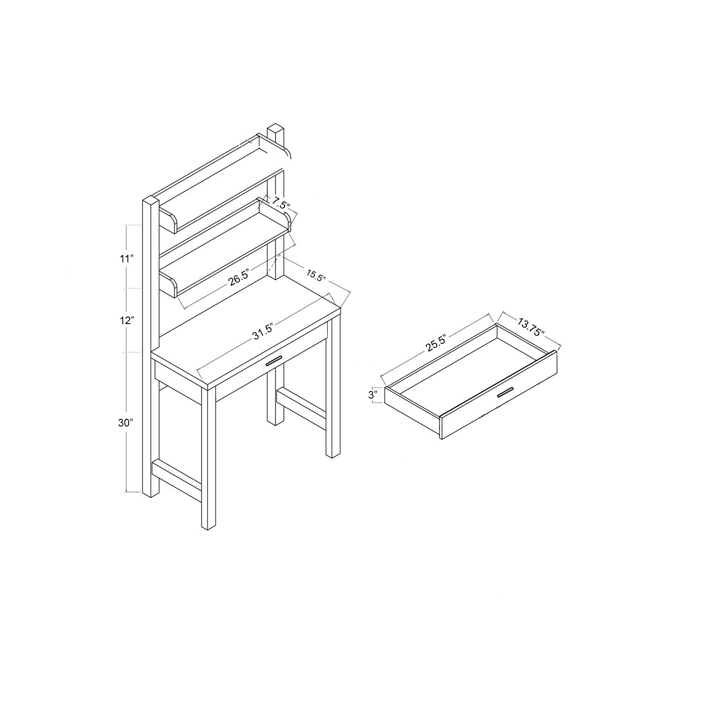 Writing Desk With Drawer, Two Shelfs For Display