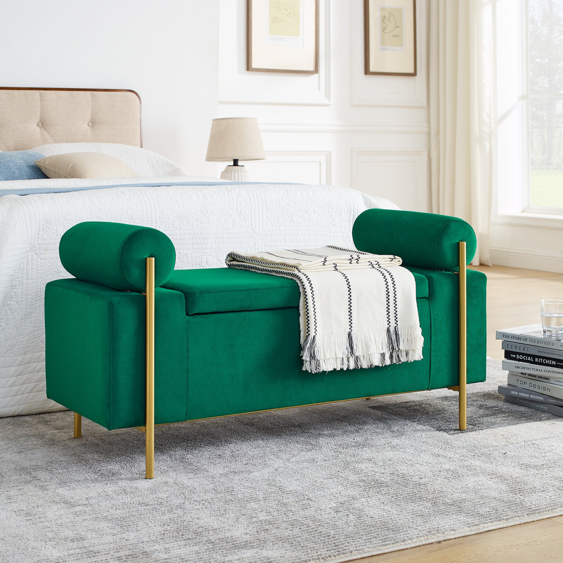 Elegant Upholstered Velvet Storage Bench With -