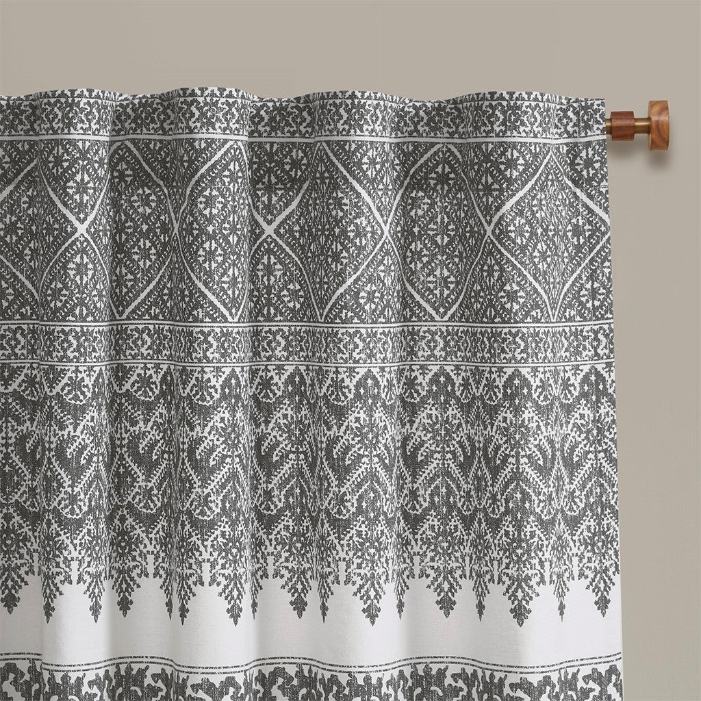 Cotton Printed Curtain Panel with Chenille detail and gray-cotton