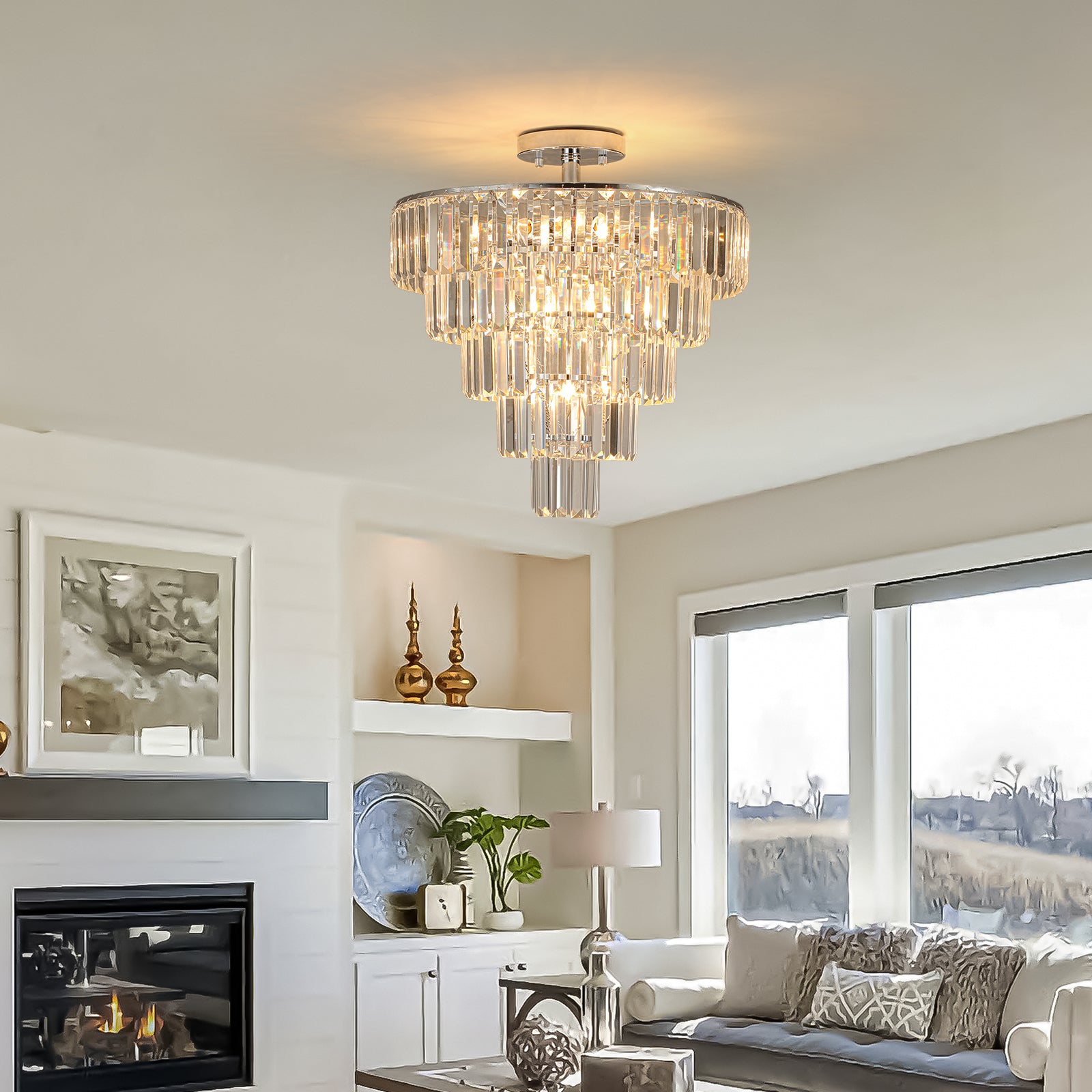 Large crystal chandelier in white chrome color, modern chrome-luxury-crystal