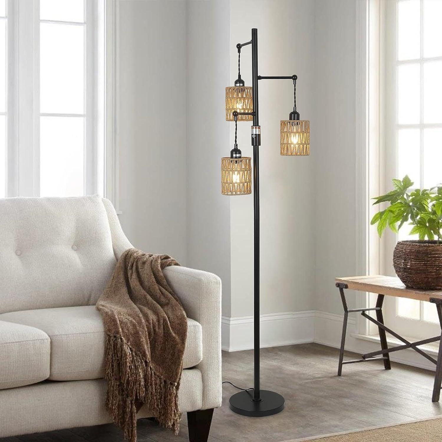 3 Lights Boho Floor Lamp With Stepless Dimmer -