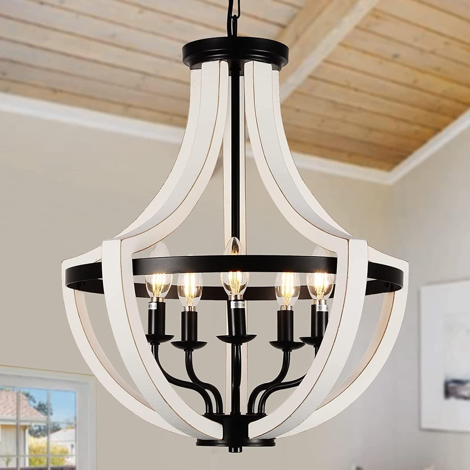 19" Farmhouse Light Fixtures Chandelier white-metal & wood