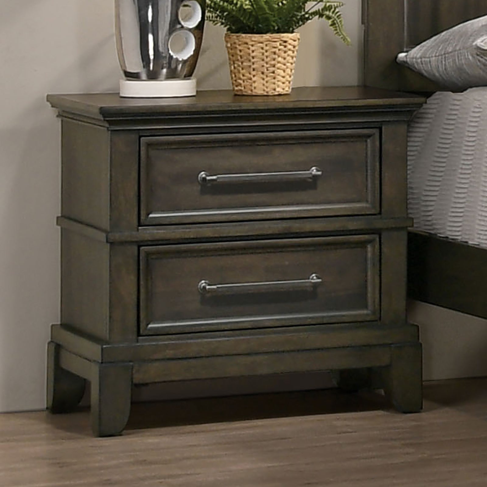 Contemporary 1pc Nightstand Gray Color Solid Wood gray-gray-2 drawers-bedroom-bedside