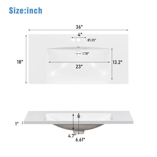 36" Single Bathroom Basin Sink, Vanity Top Only, 3 white-resin