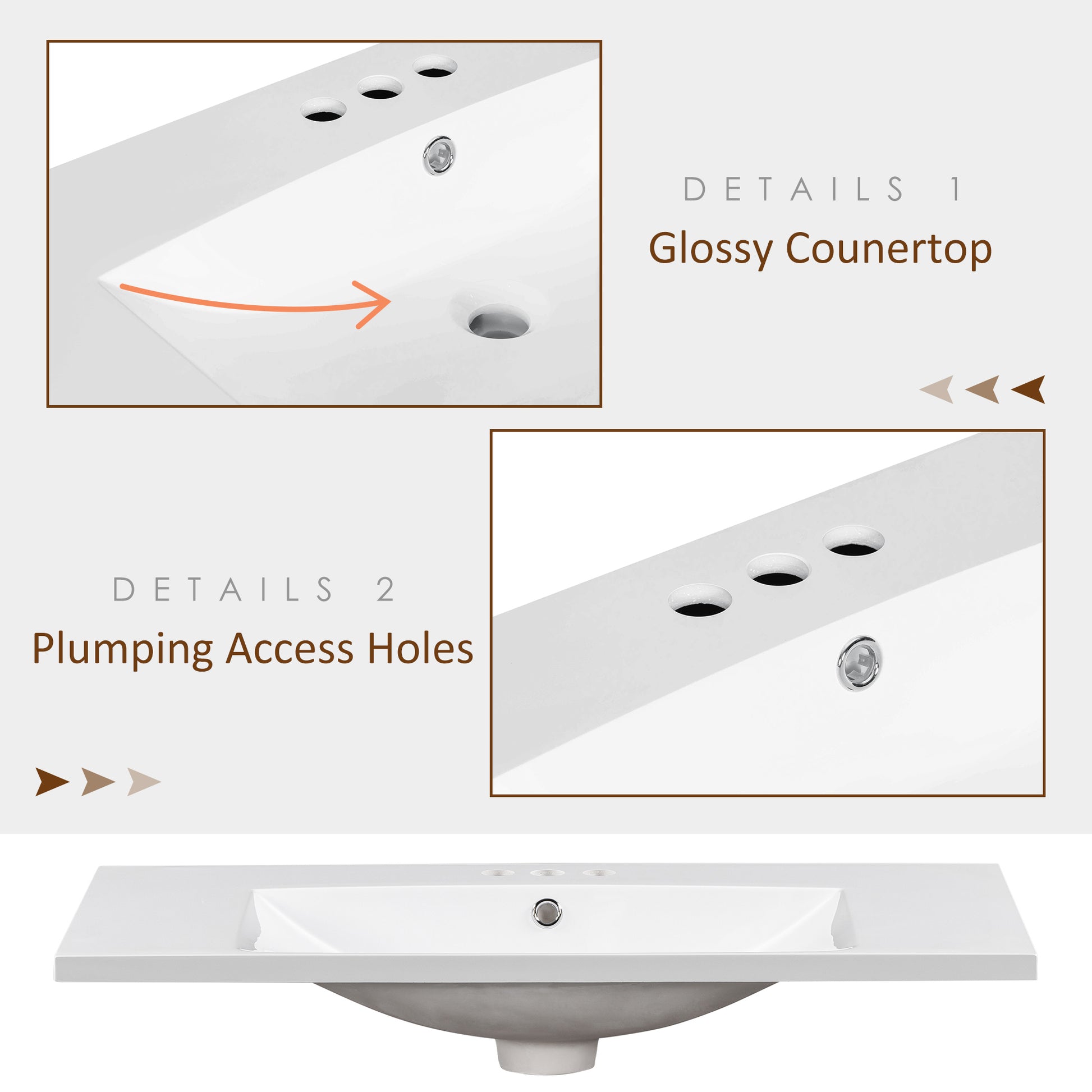 36" Single Bathroom Basin Sink, Vanity Top Only, 3 white-resin