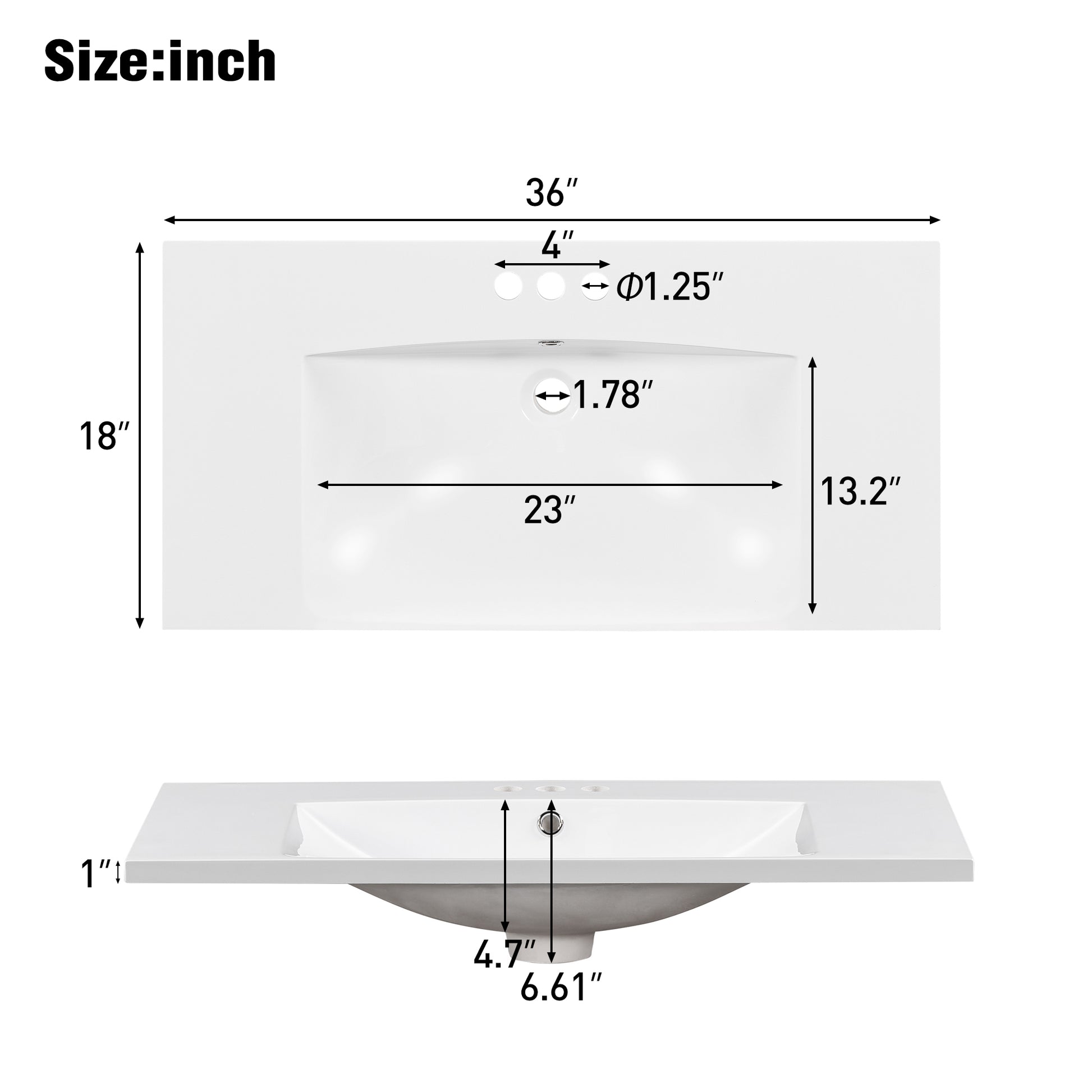 36" Single Bathroom Basin Sink, Vanity Top Only, 3 white-resin