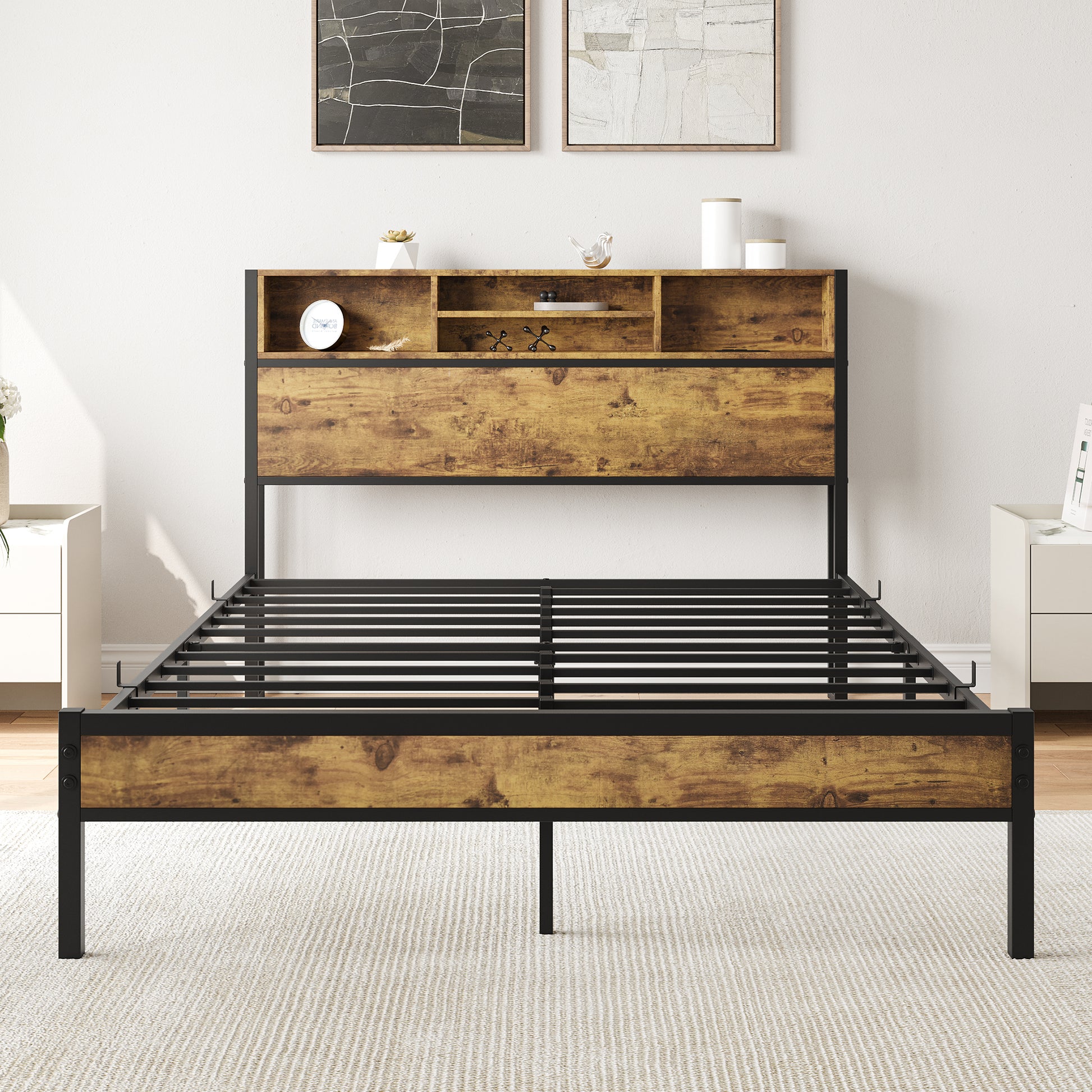 Full Size Bed Frame With Storage Headboard, Metal