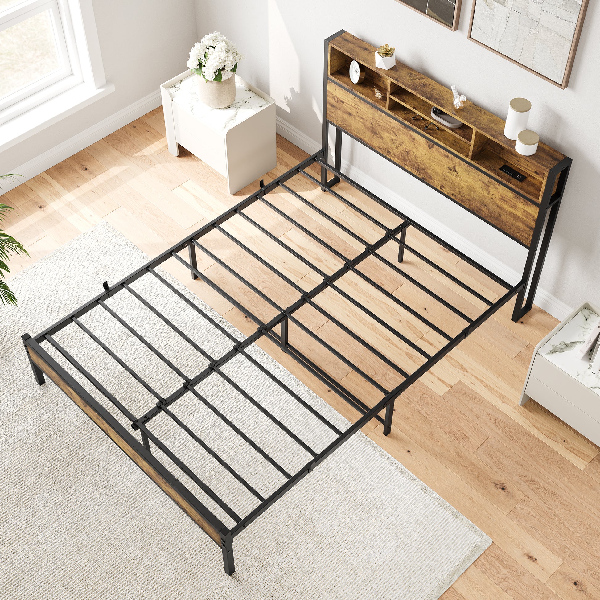 Full Size Bed Frame With Storage Headboard, Metal