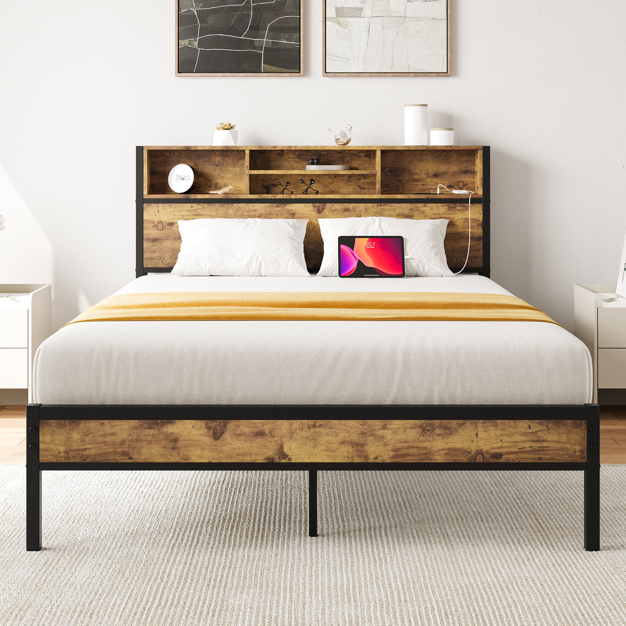 Full Size Bed Frame With Storage Headboard, Metal