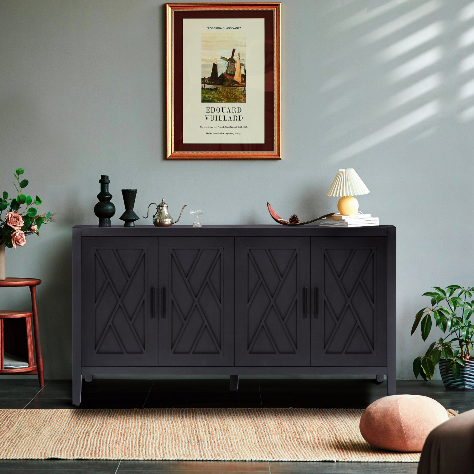 Four Door Wooden Twill Sideboard American Country black + dark walnut-mdf