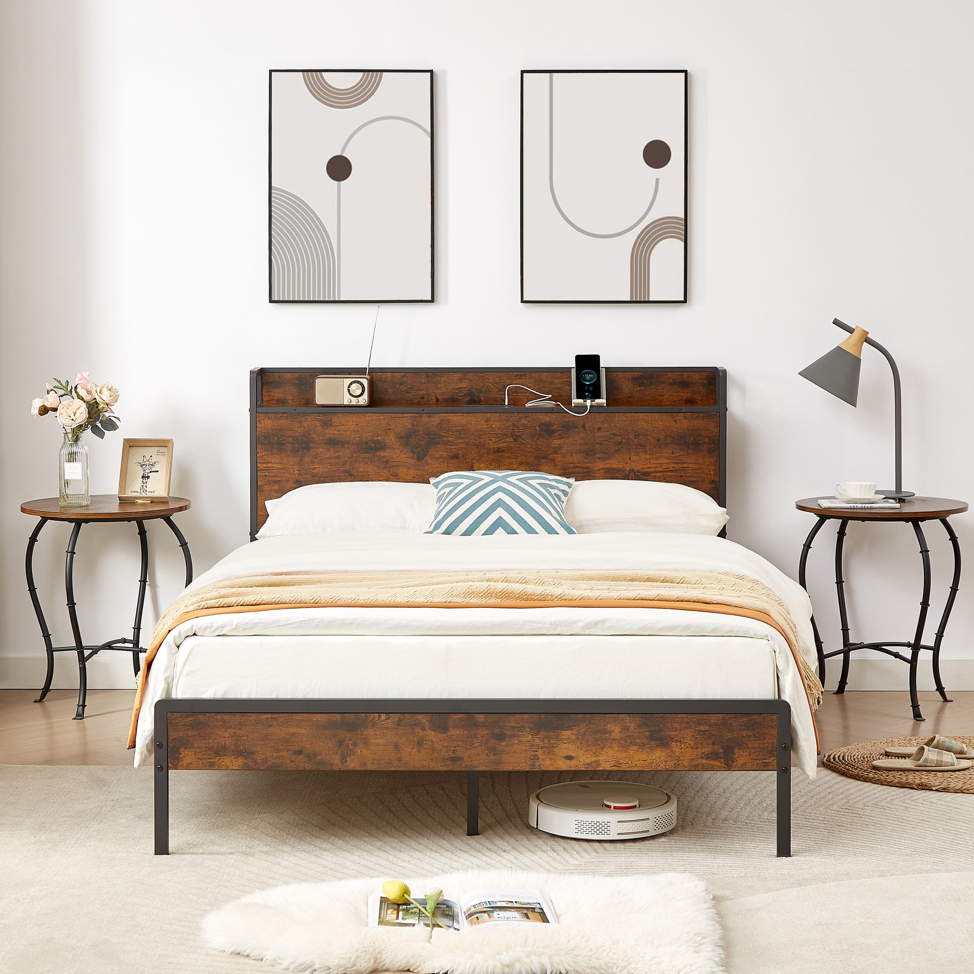 Bed Frame With Charging Station Full Size, Rustic