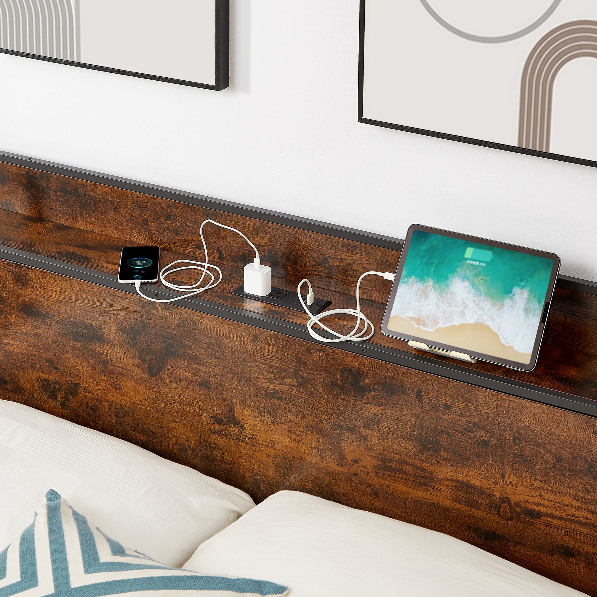 Bed Frame With Charging Station Full Size, Rustic