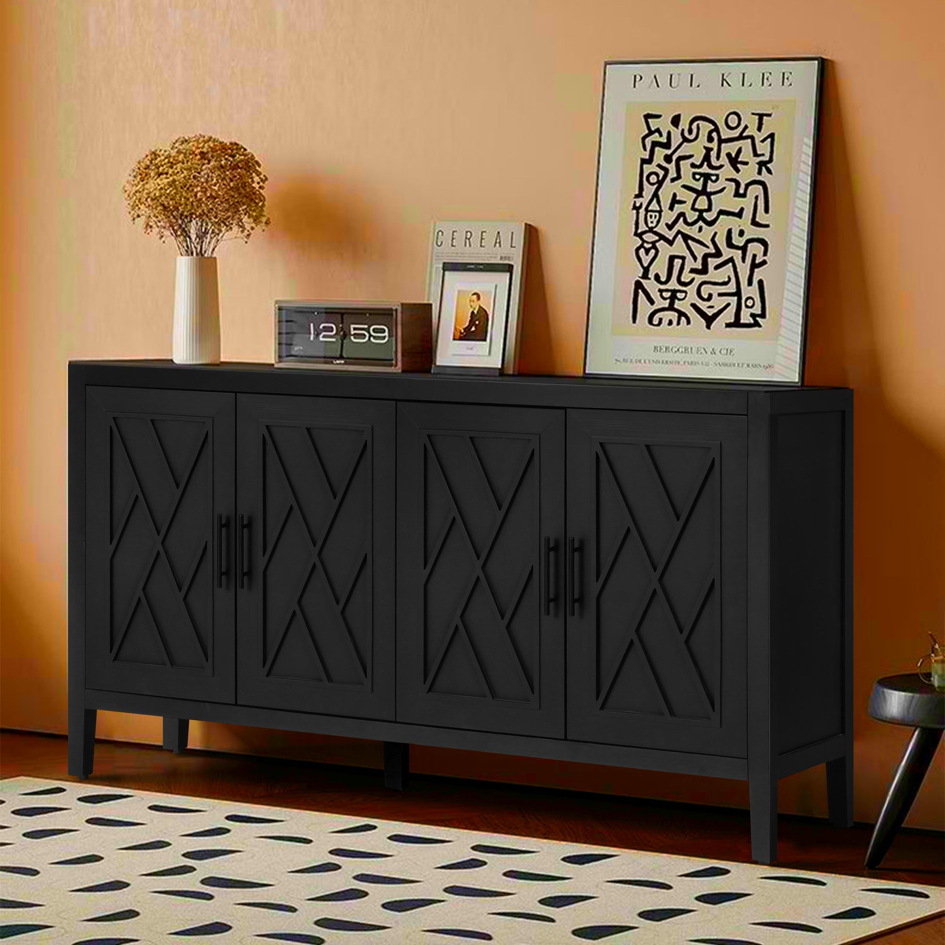 Four Door Wooden Twill Sideboard American Country black + dark walnut-mdf