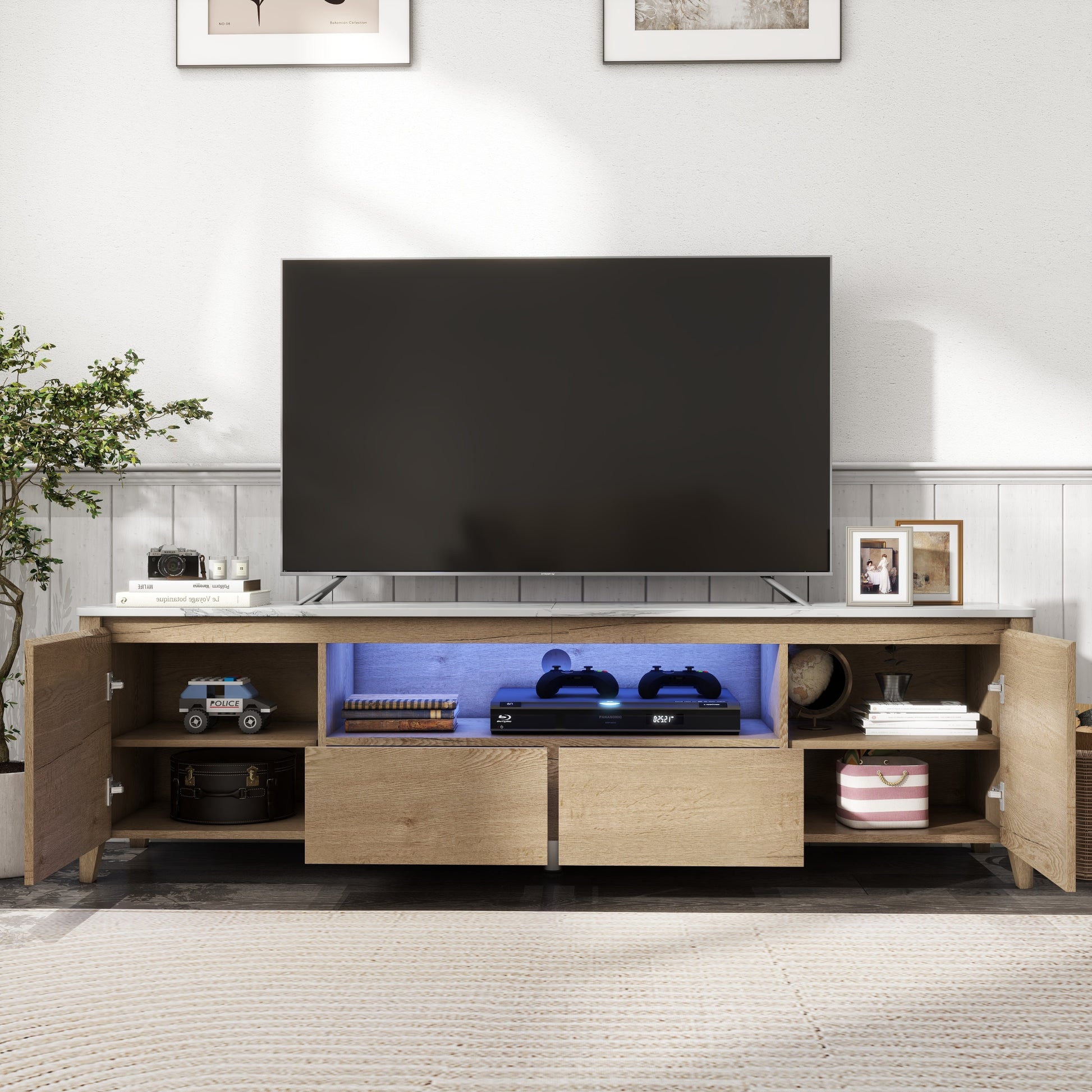 70 Inches Modern TV stand with LED Lights natural wood wash-particle board