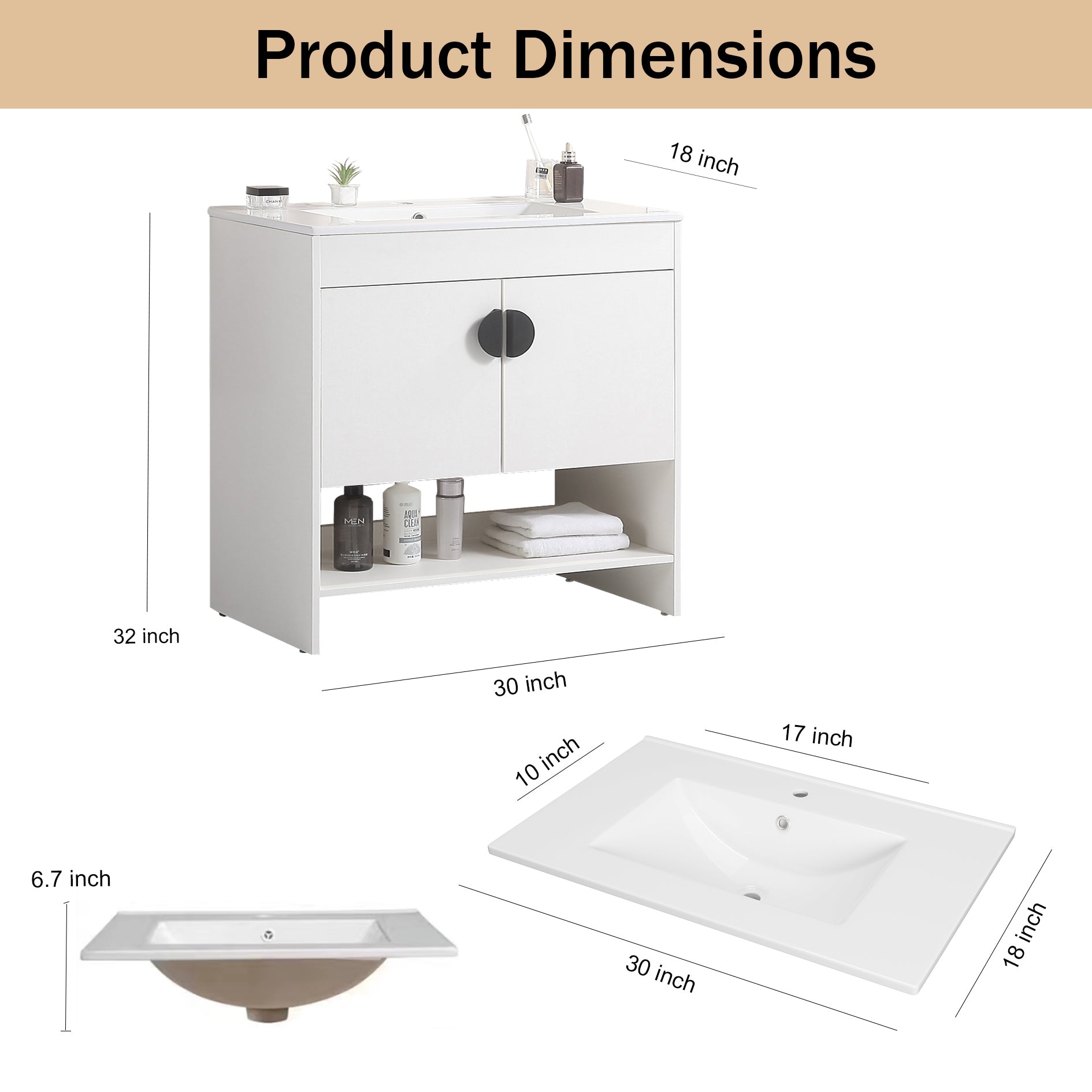 30" Bathroom Vanity,with White Ceramic Basin,Two white-solid wood