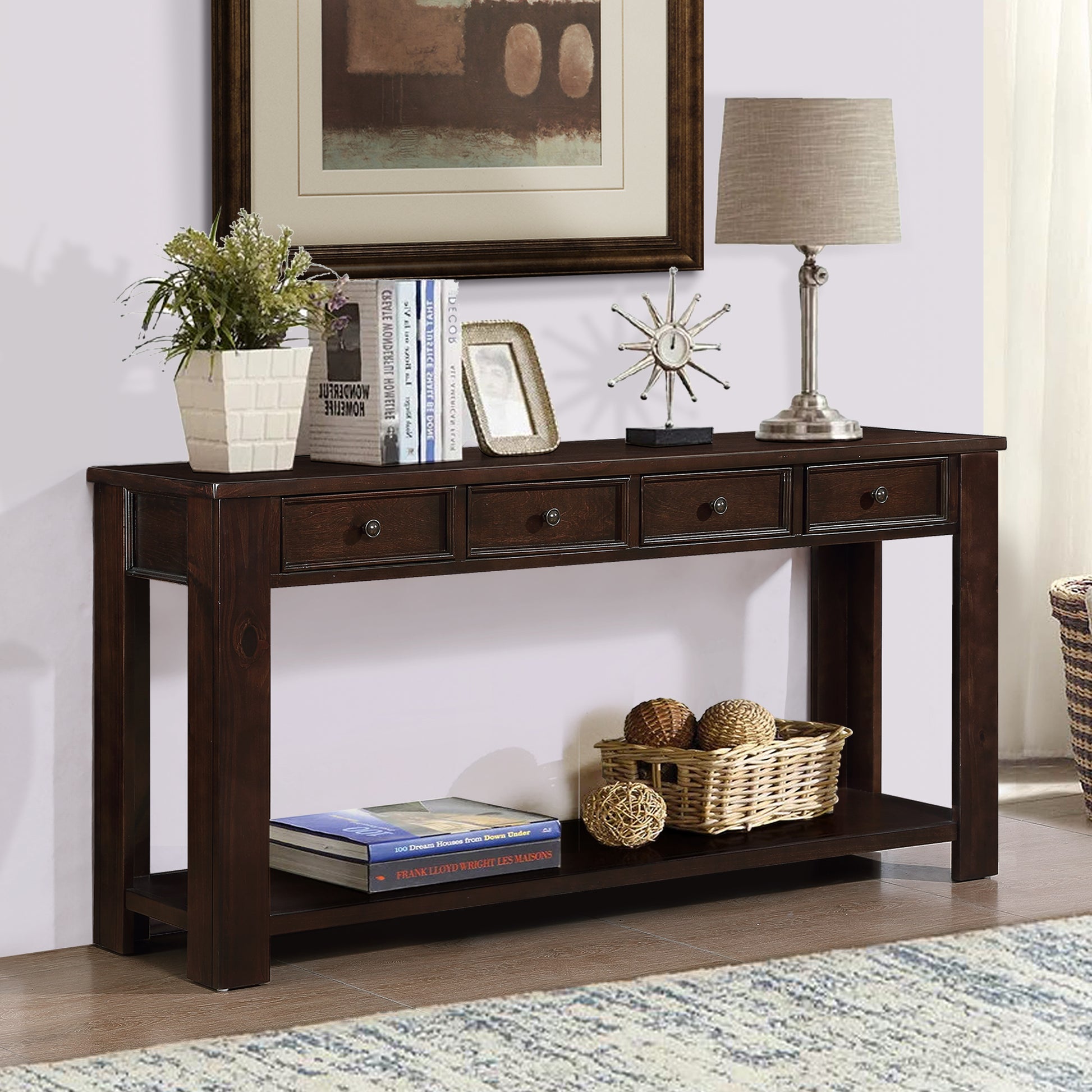 63" Pine Wood Console Table with 4 Drawers and 1 light espresso-pine