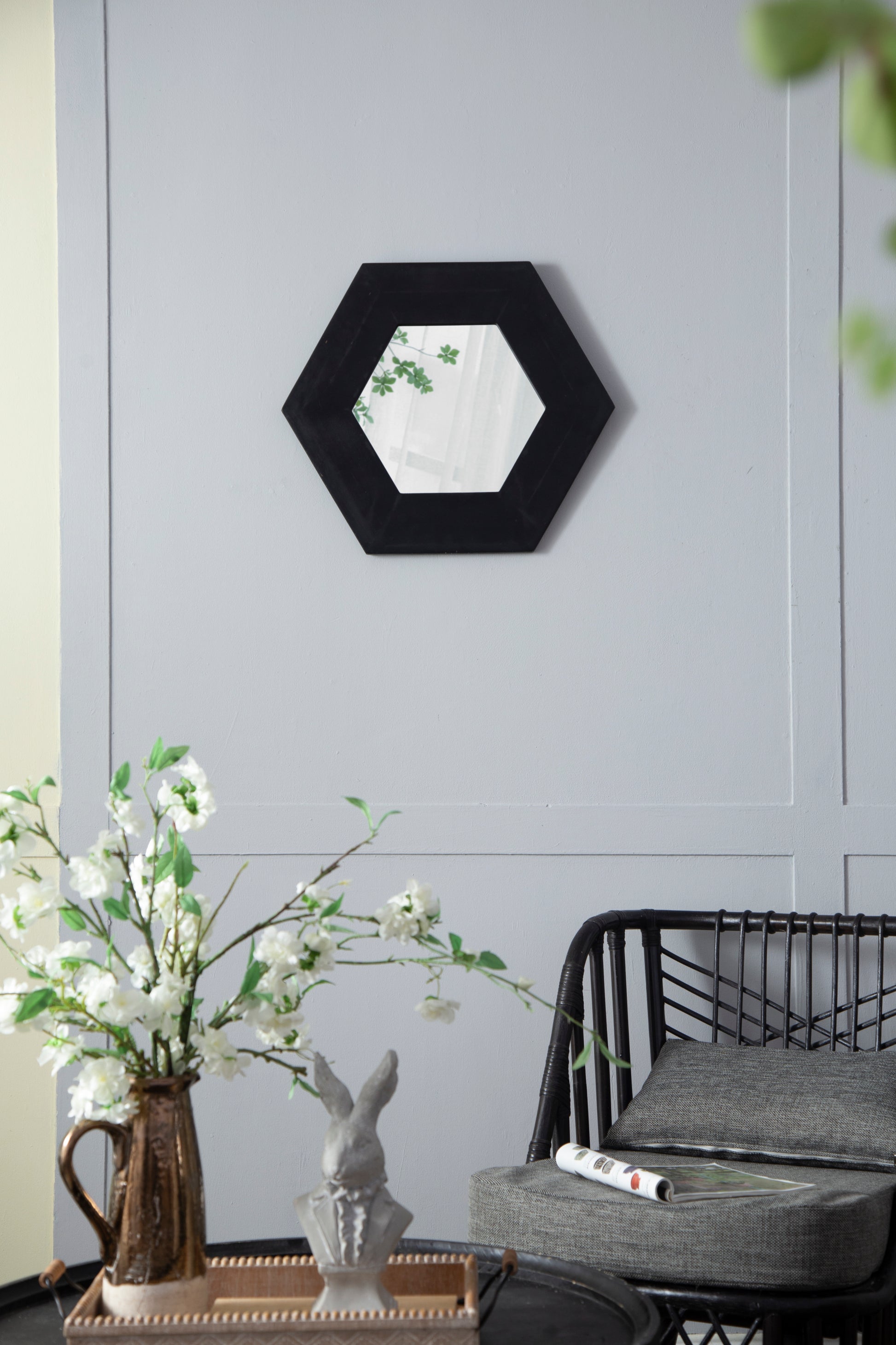 18.5" x 18.5" Hexagon Mirror with Solid Wood Frame black-wood+glass