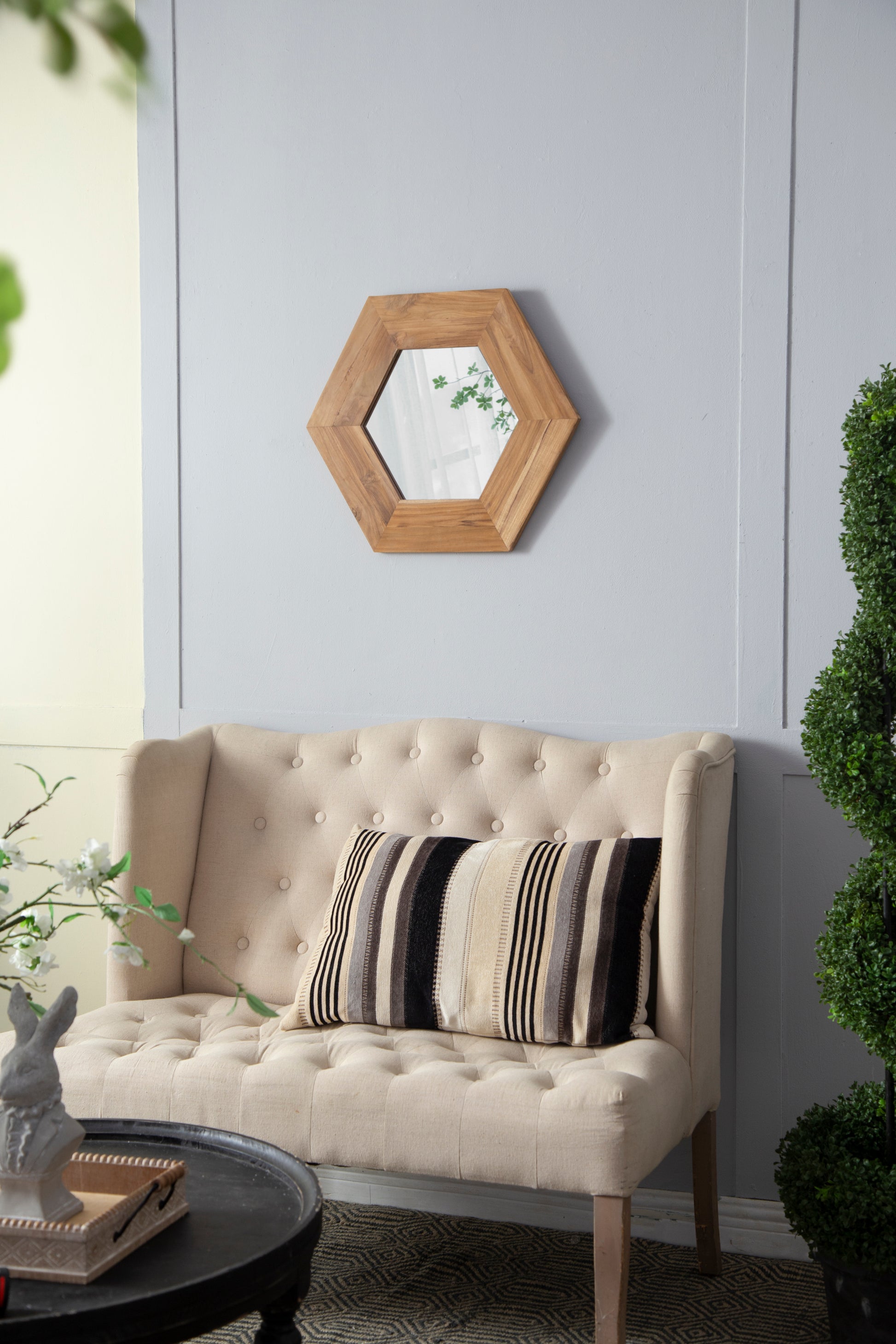 18.5" x 18.5" Hexagon Mirror with Natural Wood Frame natural-wood+glass