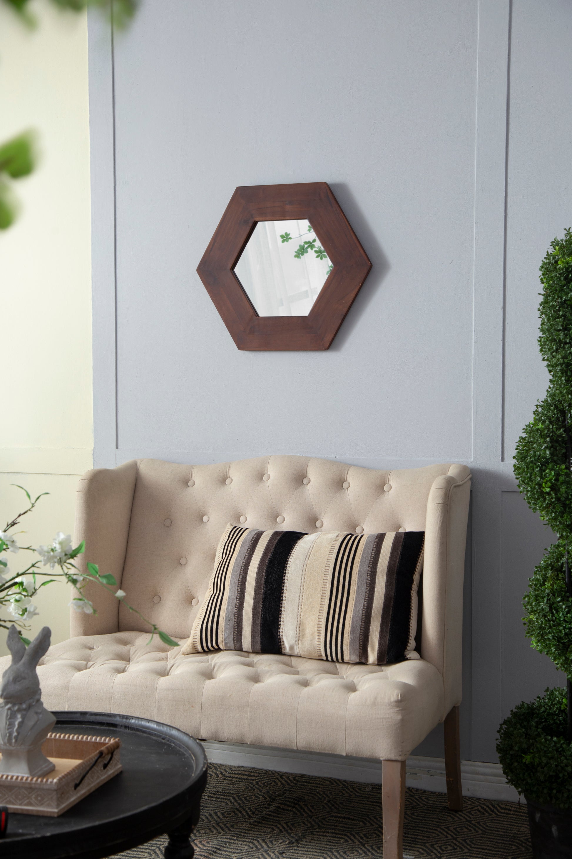 18.5" x 18.5" Hexagon Mirror with Solid Wood Frame brown-wood+glass