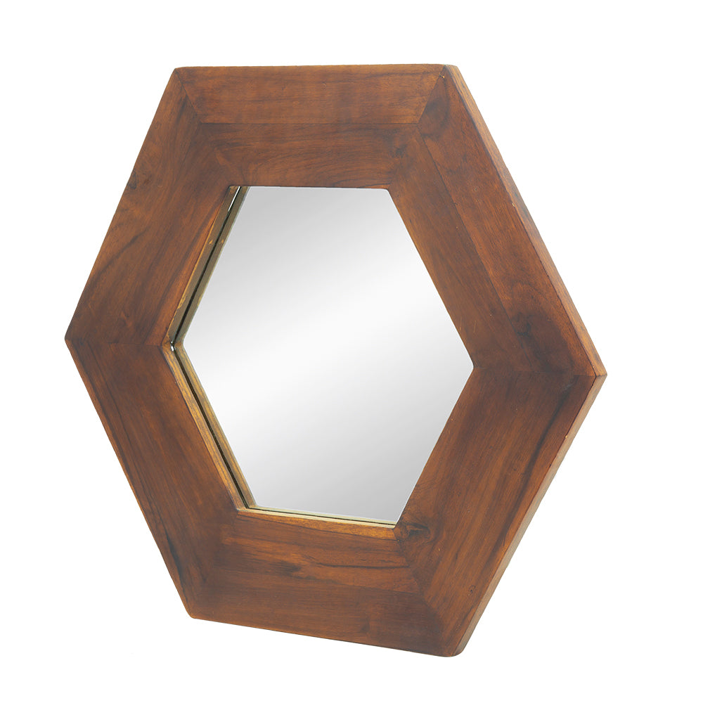 18.5" x 18.5" Hexagon Mirror with Solid Wood Frame brown-wood+glass