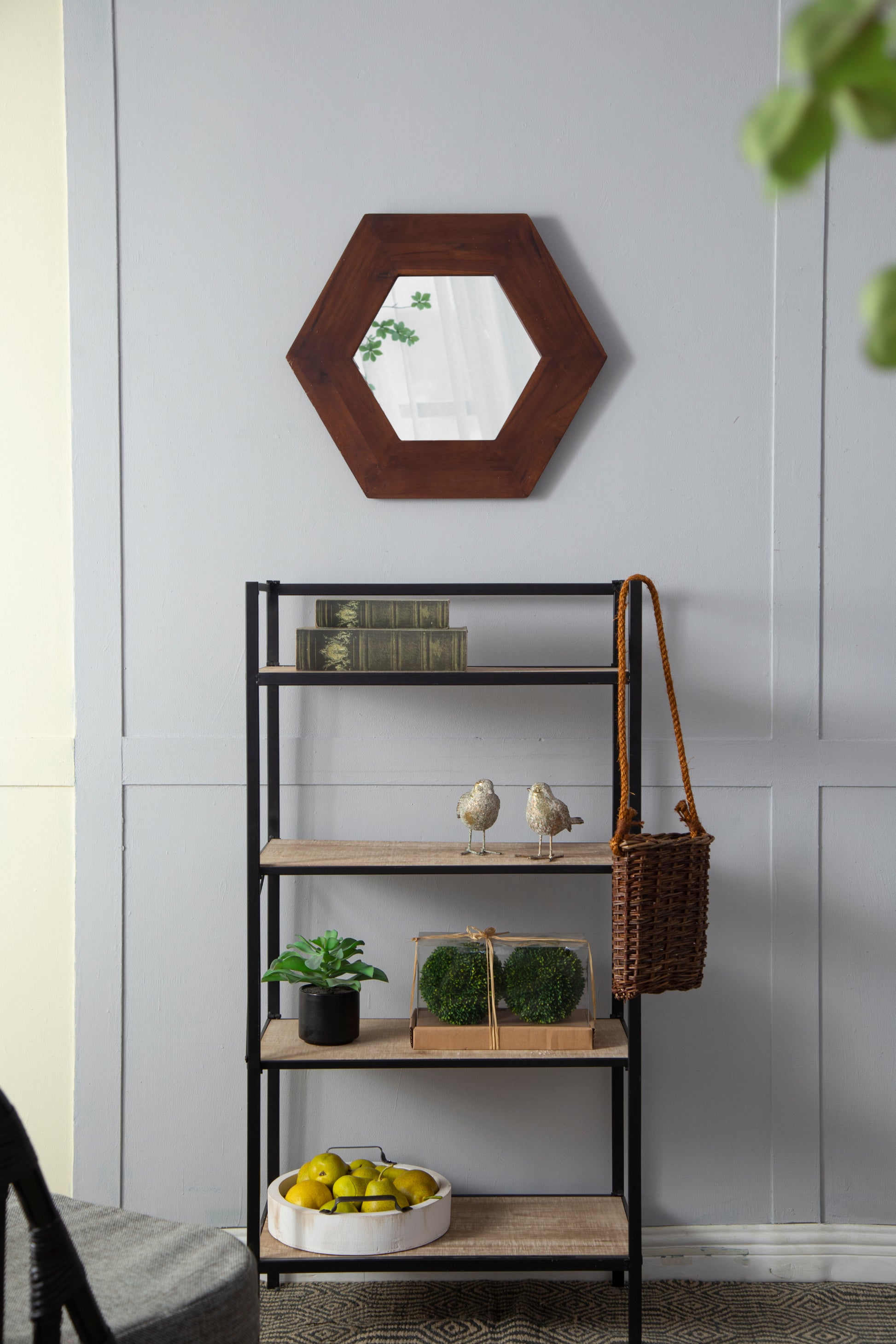 18.5" x 18.5" Hexagon Mirror with Solid Wood Frame brown-wood+glass