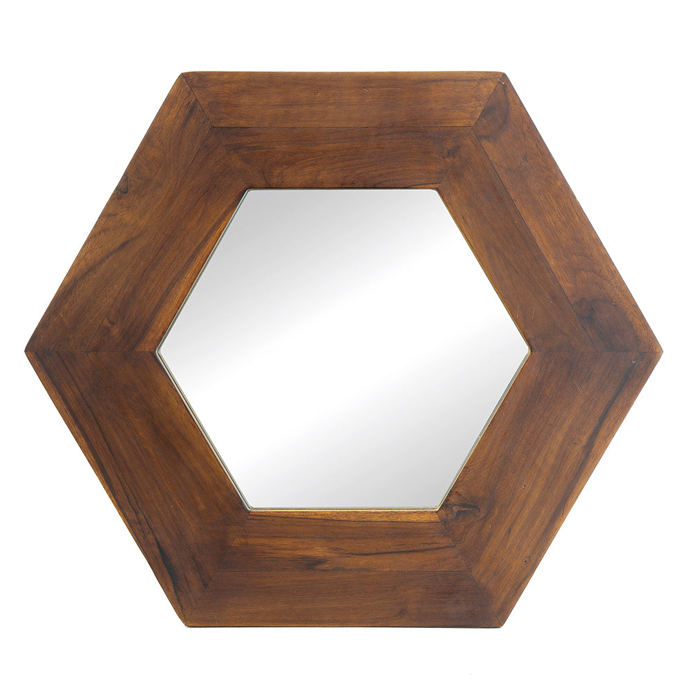 18.5" x 18.5" Hexagon Mirror with Solid Wood Frame brown-wood+glass