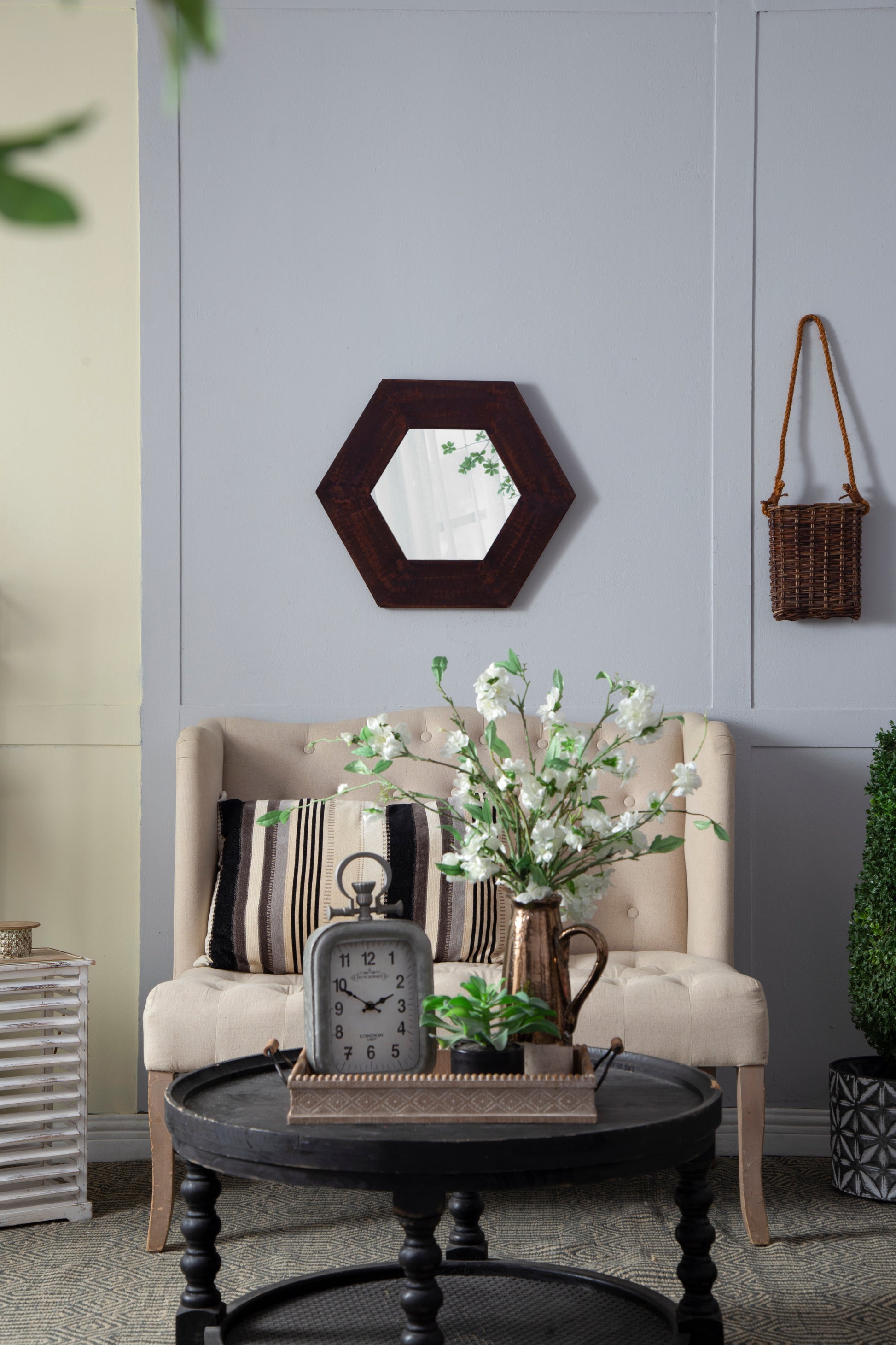 18.5" x 18.5" Hexagon Mirror with Solid Wood Frame brown-wood+glass