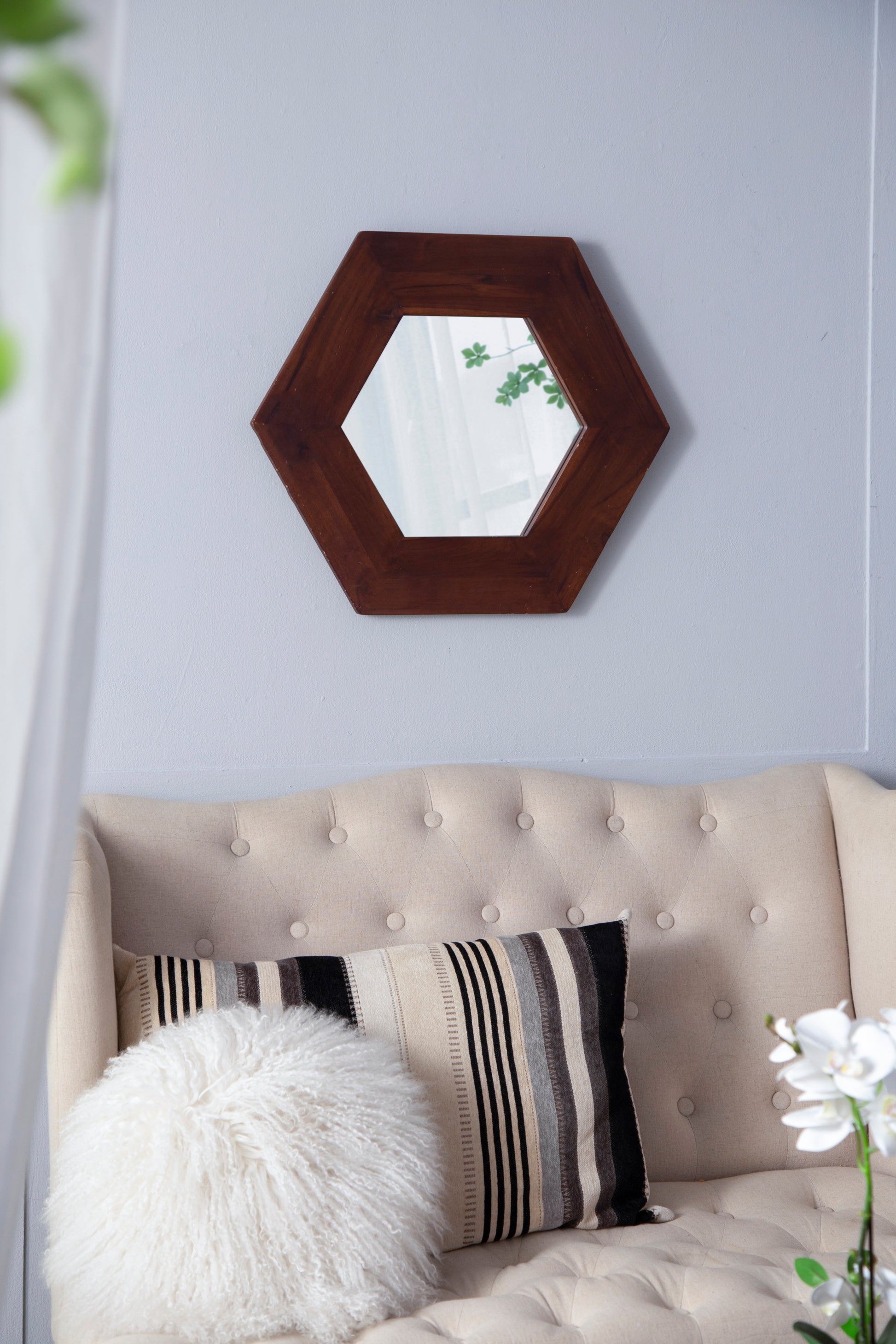 18.5" x 18.5" Hexagon Mirror with Solid Wood Frame brown-wood+glass