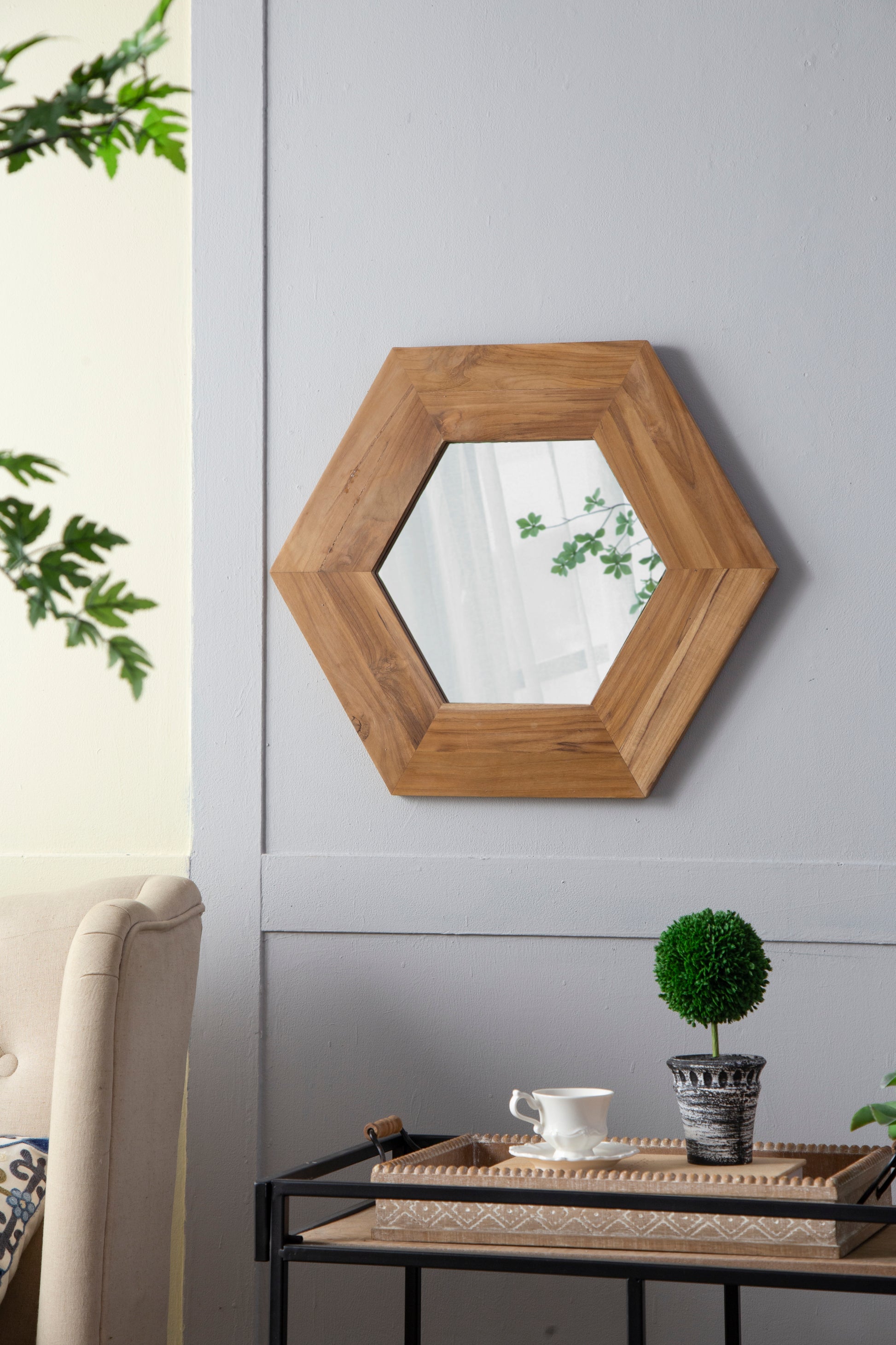 18.5" x 18.5" Hexagon Mirror with Natural Wood Frame natural-wood+glass