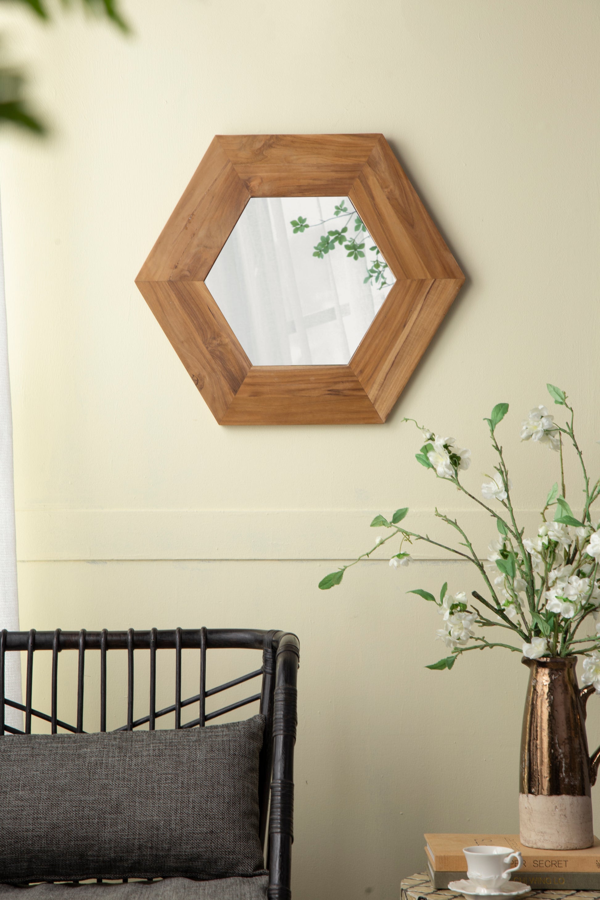 18.5" x 18.5" Hexagon Mirror with Natural Wood Frame natural-wood+glass