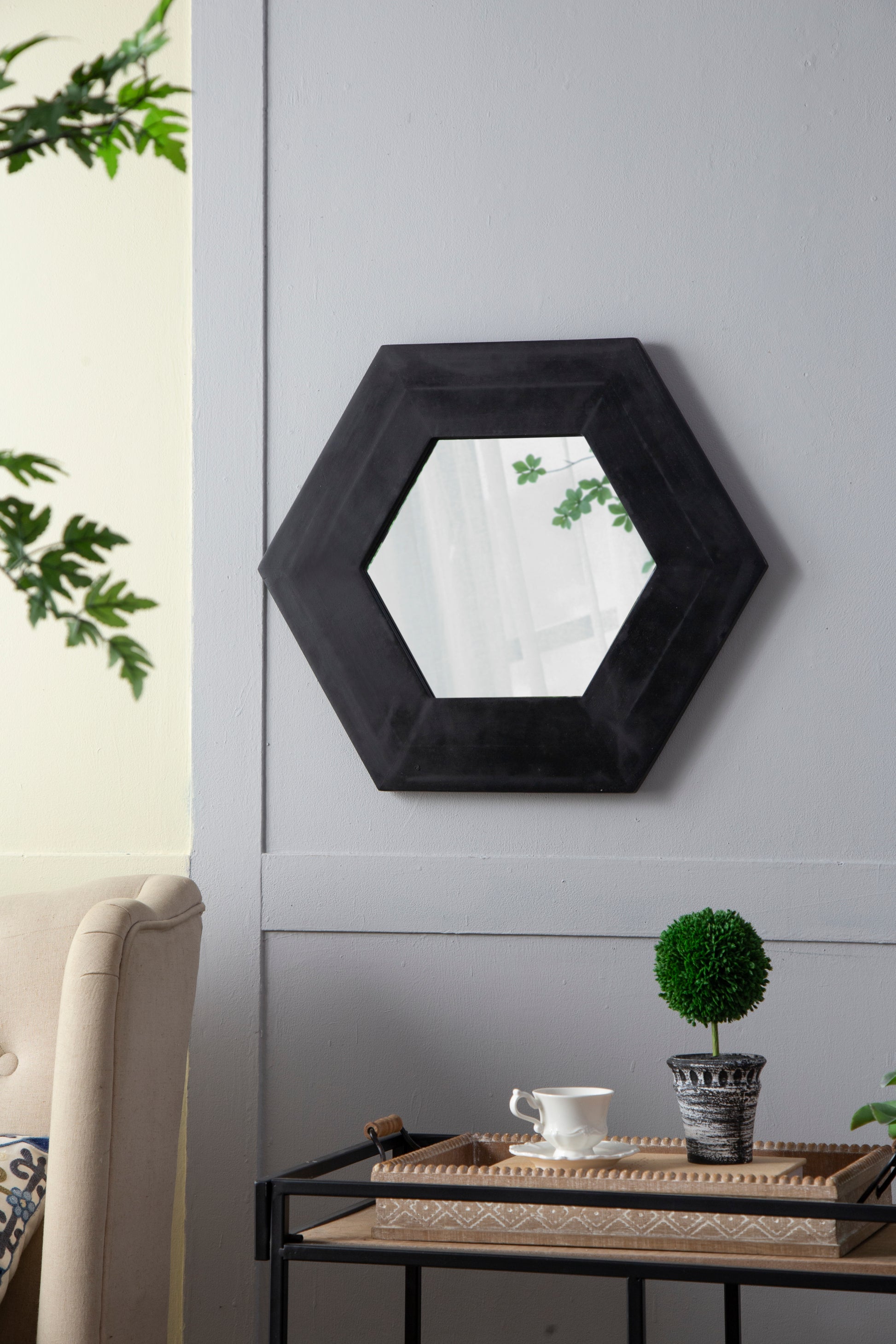 18.5" x 18.5" Hexagon Mirror with Solid Wood Frame black-wood+glass