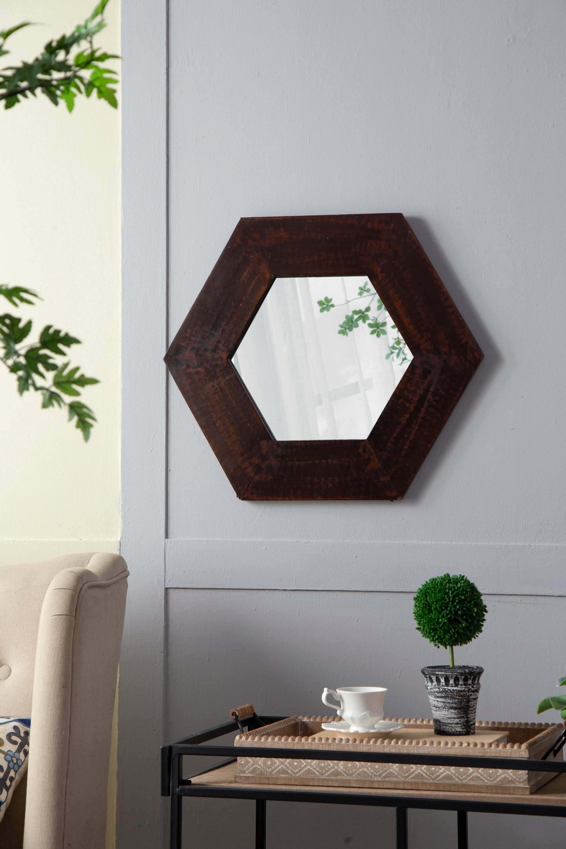 18.5" x 18.5" Hexagon Mirror with Solid Wood Frame brown-wood+glass