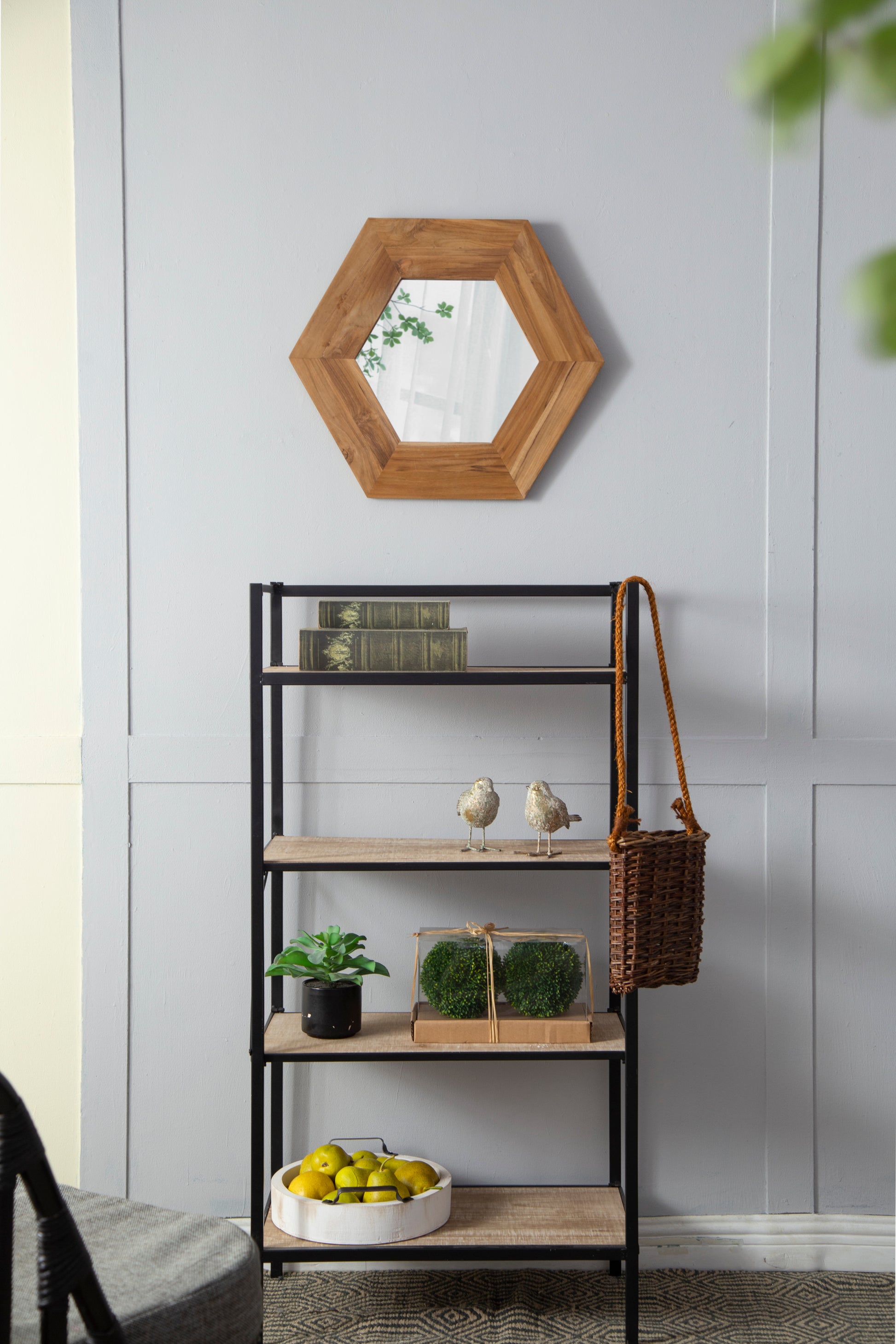 18.5" x 18.5" Hexagon Mirror with Natural Wood Frame natural-wood+glass